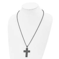 Chisel Stainless Steel Polished Black IP-plated Solid Black Carbon Fiber Cross Pendant on a 24 inch Ball Chain Necklace