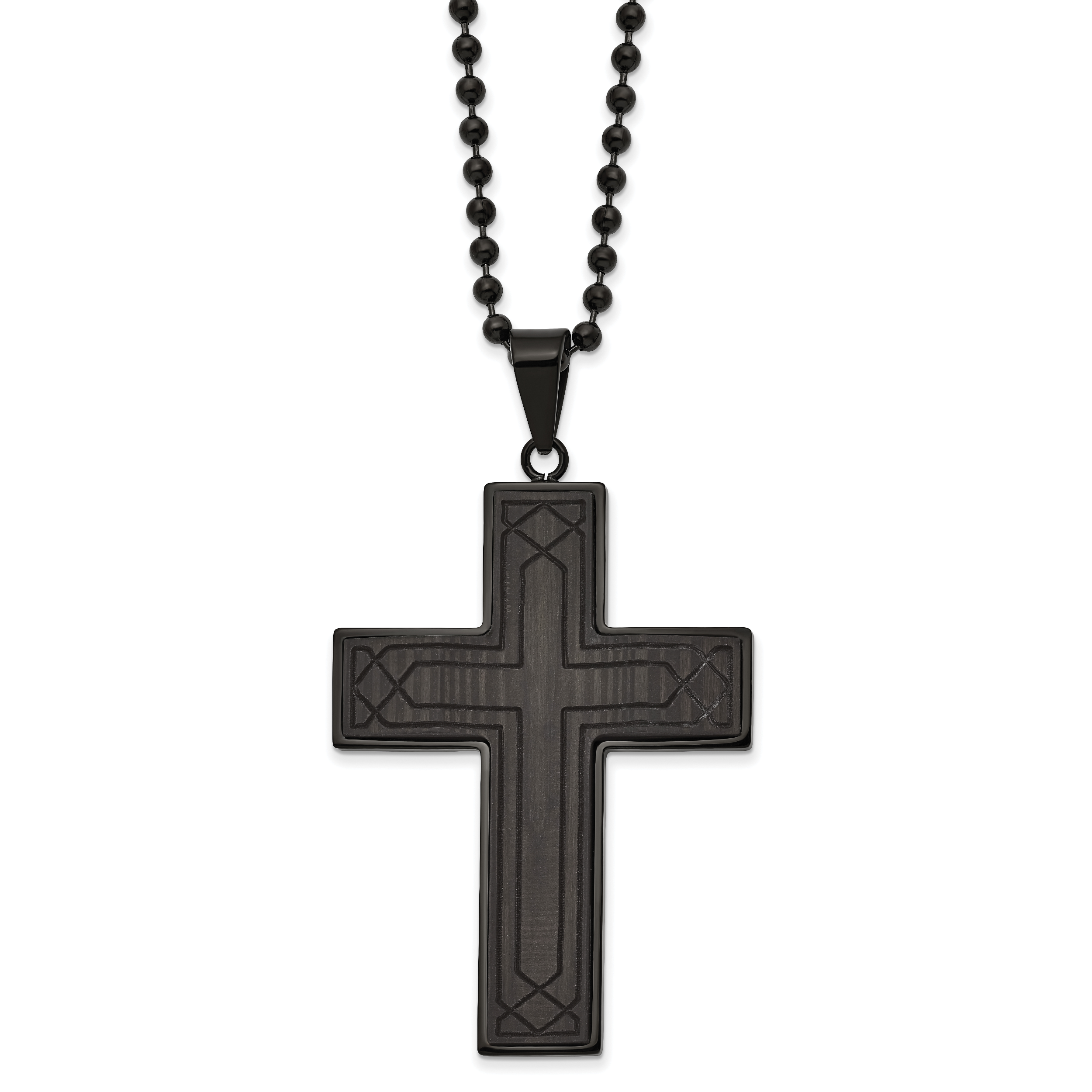 Chisel Stainless Steel Polished Black IP-plated Solid Black Carbon Fiber Cross Pendant on a 24 inch Ball Chain Necklace Main image
