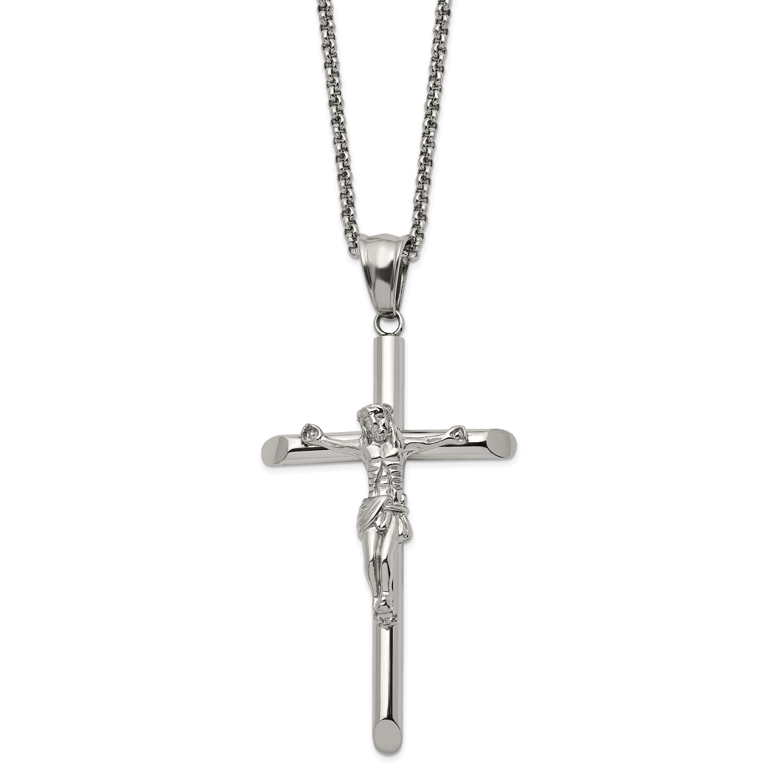 Chisel Stainless Steel Polished Large Crucifix Pendant on a 22 inch Box Chain Necklace Main image