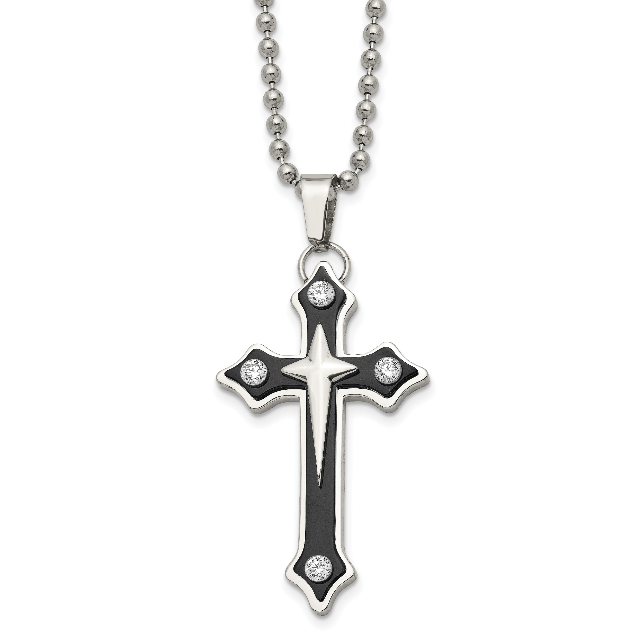 Chisel Stainless Steel Polished Black IP-plated with CZ Cross Pendant on a 20 inch Ball Chain Necklace Main image