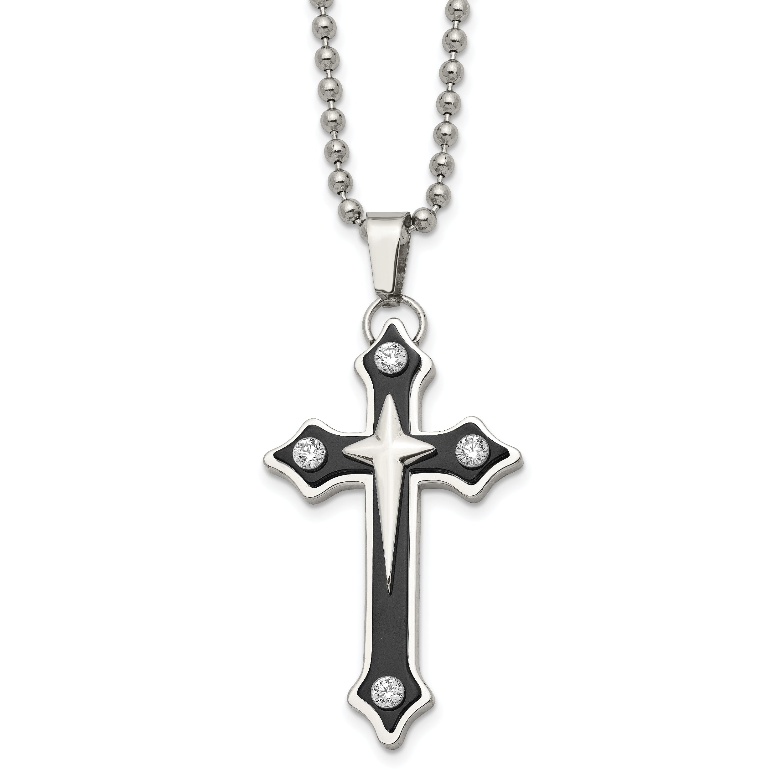 Chisel Stainless Steel Polished Black IP-plated with CZ Cross Pendant on a 20 inch Ball Chain Necklace