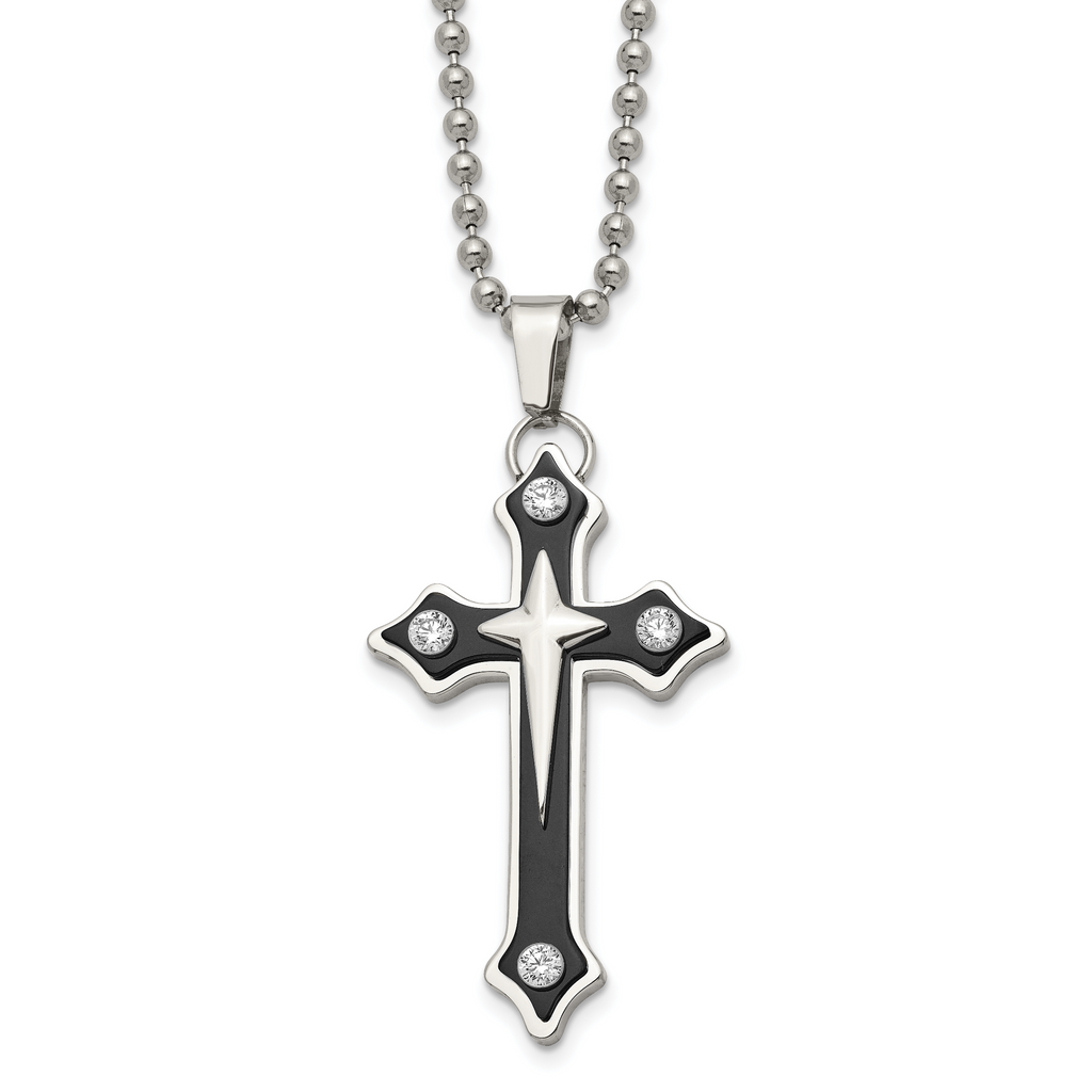 Chisel Stainless Steel Polished Black IP-plated with CZ Cross Pendant on a 20 inch Ball Chain Necklace