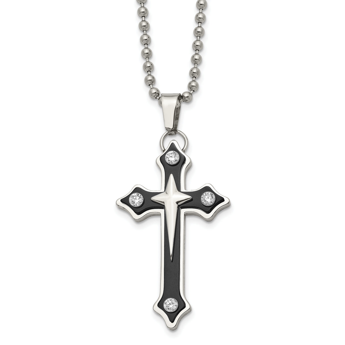 Chisel Stainless Steel Polished Black IP-plated with CZ Cross Pendant on a 20 inch Ball Chain Necklace