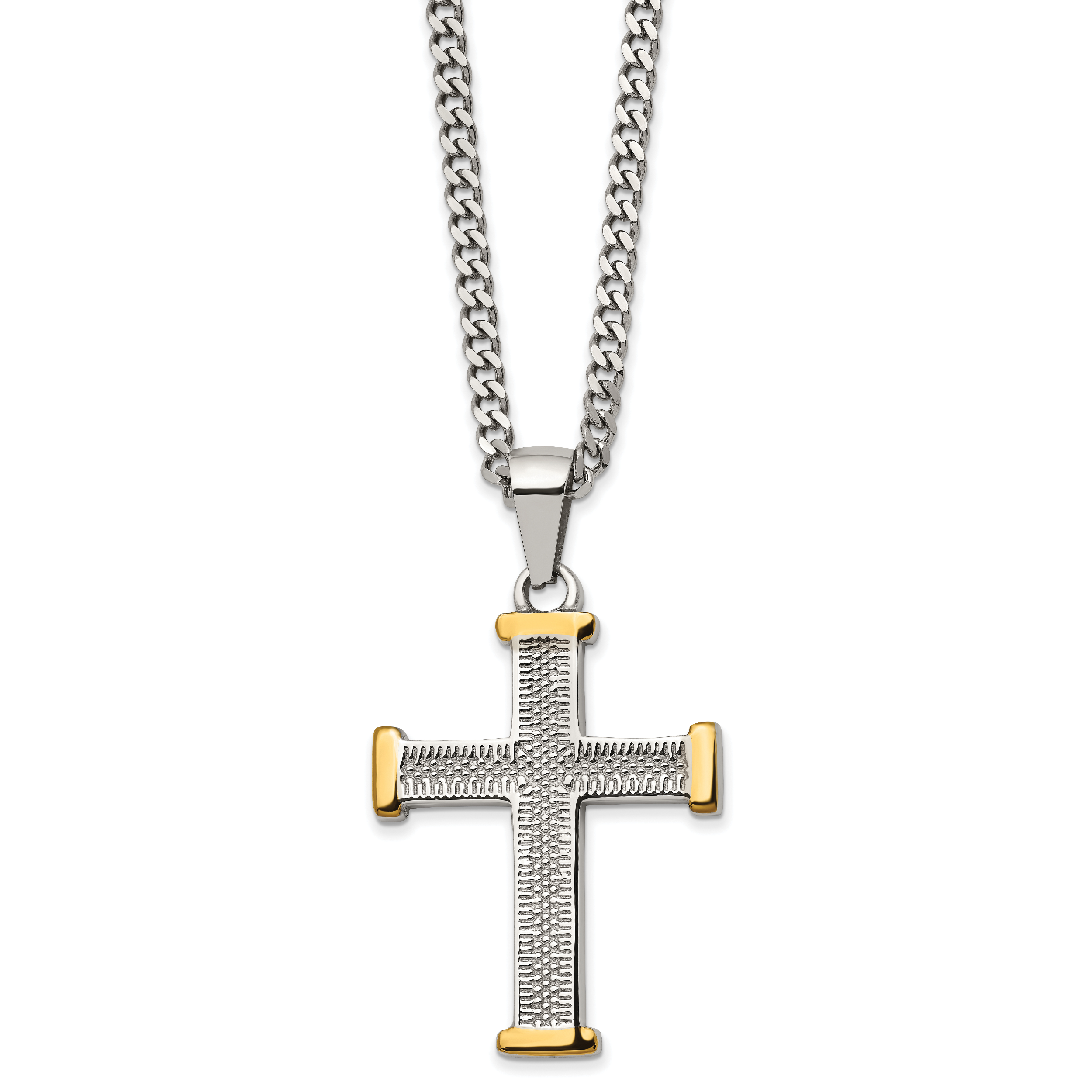 Chisel Stainless Steel Polished and Textured Yellow IP-plated Cross Pendant on a 22 inch Curb Chain Necklace Main image