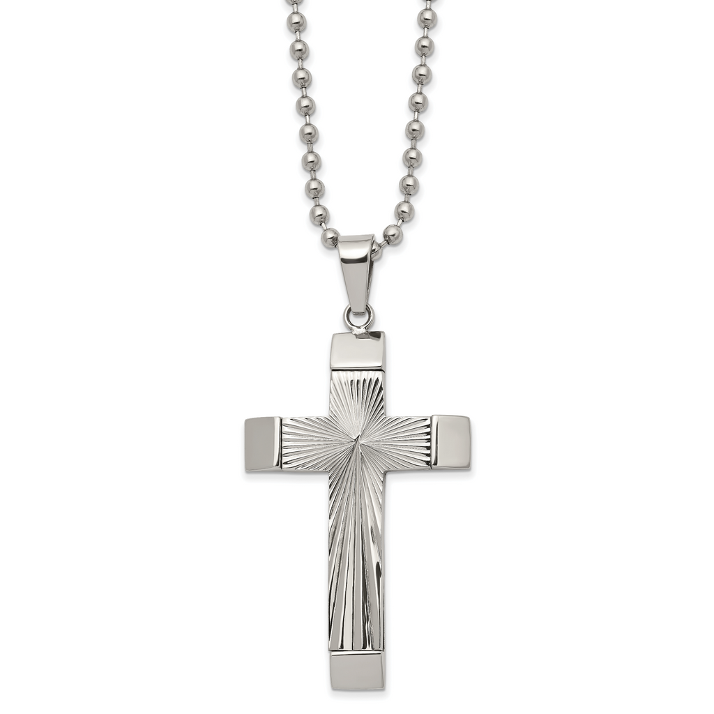 Chisel Stainless Steel Polished and Textured Starburst Cross Pendant on a 22 inch Ball Chain Necklace