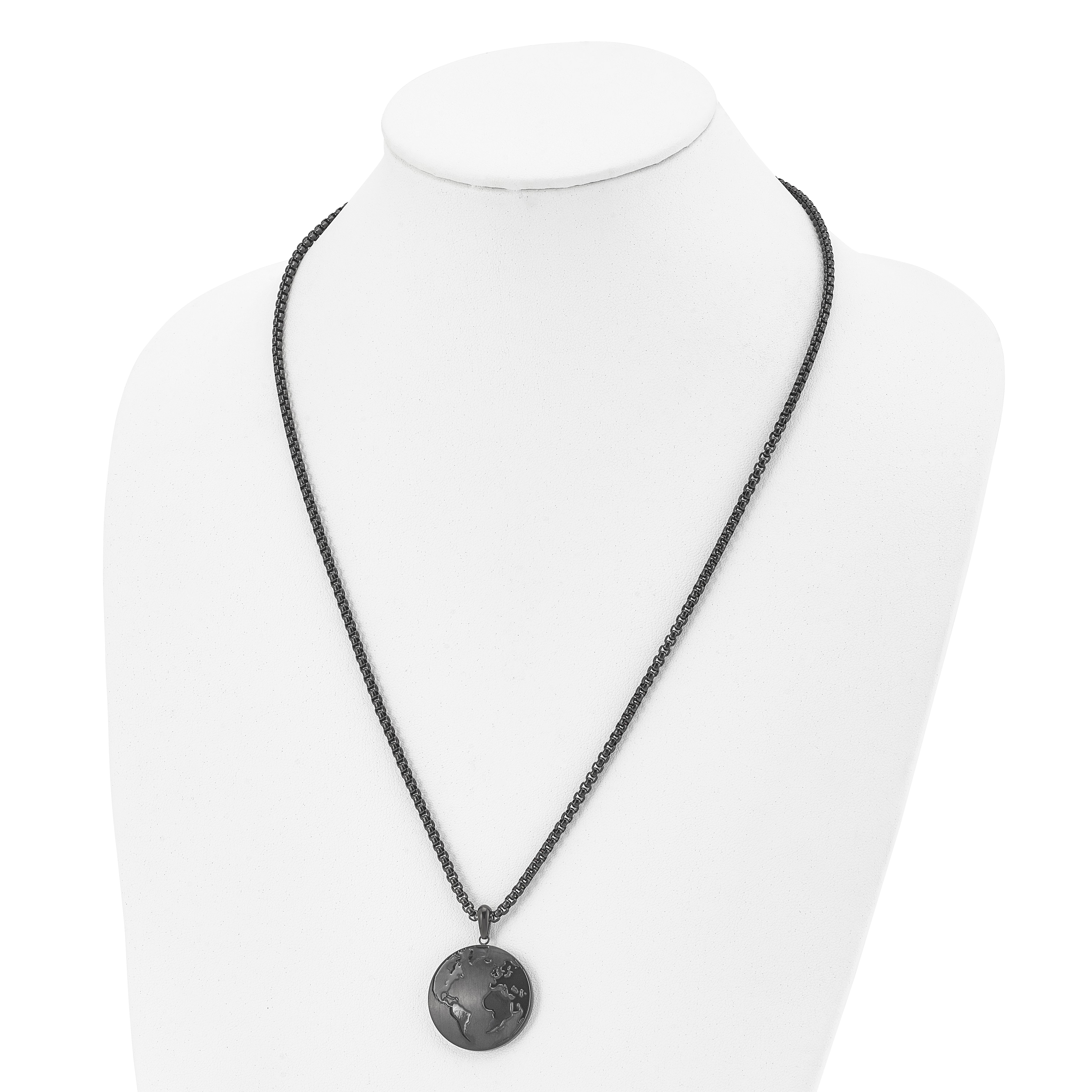 Chisel Stainless Steel Antiqued Brushed and Polished Black IP-plated Earth Pendant on a 24 inch Box Chain Necklace Secondary image