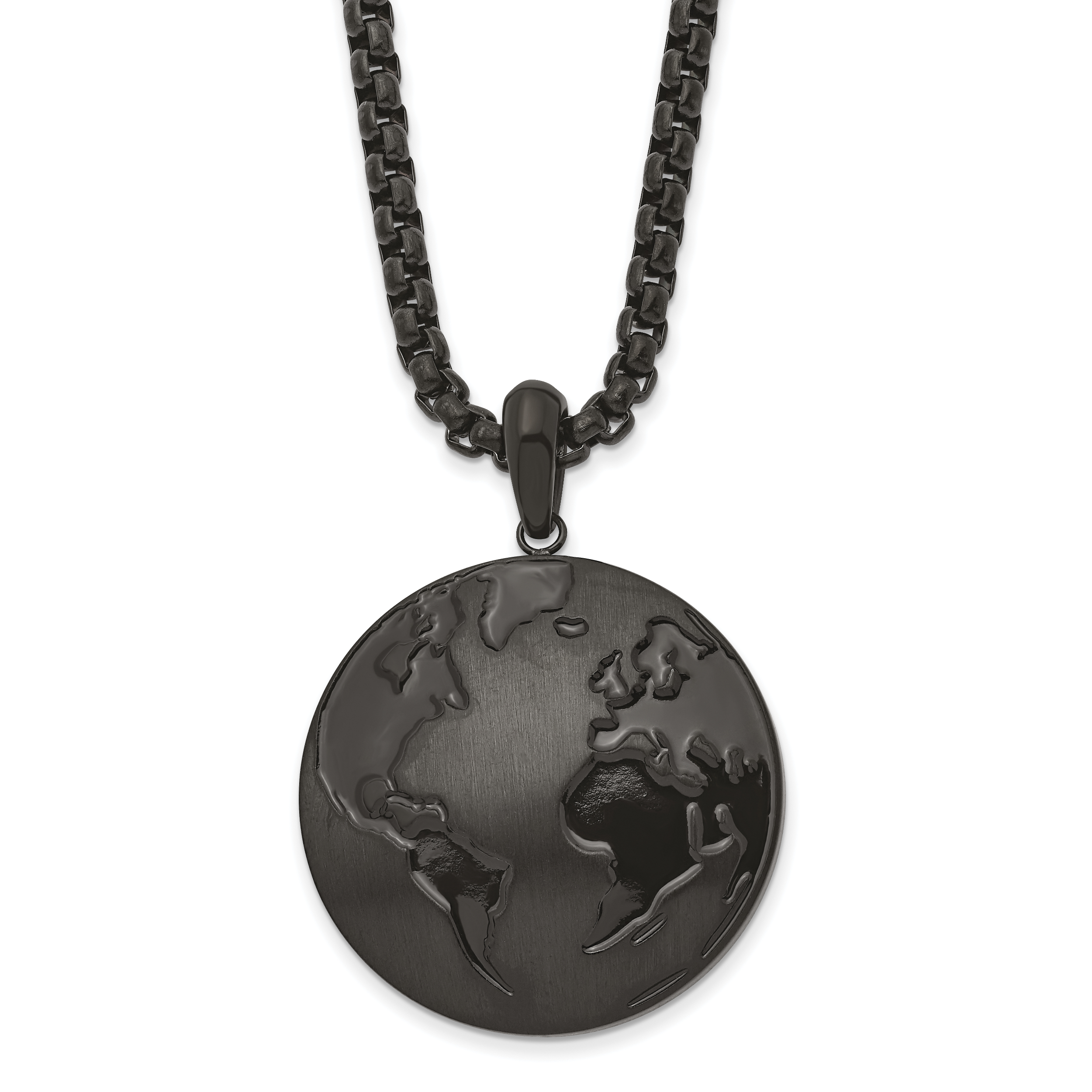 Chisel Stainless Steel Antiqued Brushed and Polished Black IP-plated Earth Pendant on a 24 inch Box Chain Necklace Main image
