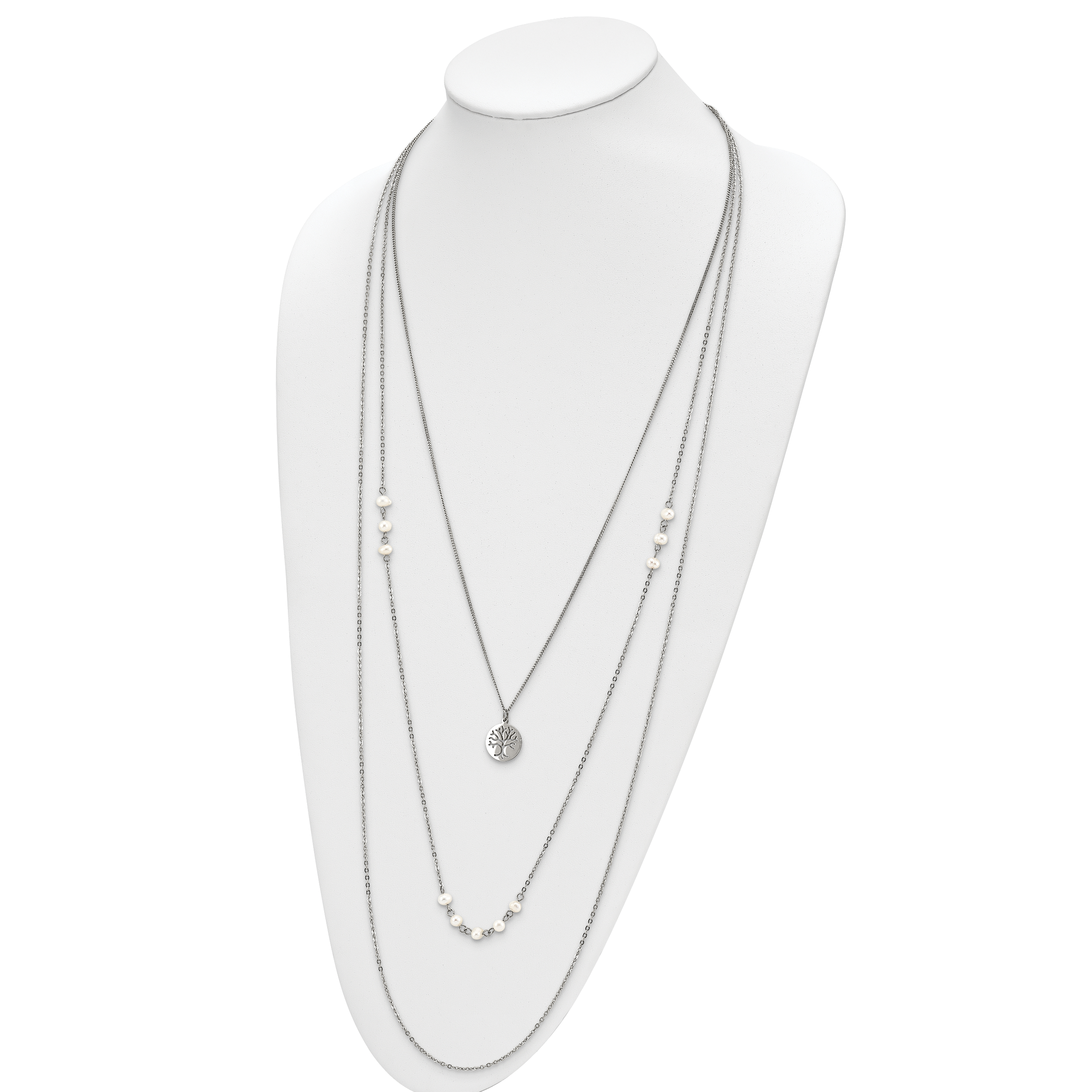 Chisel Stainless Steel Polished with Freshwater Cultured Pearls and Tree Pendant on 31 inch with 2 inch Extension Multi Chain Necklace Secondary image