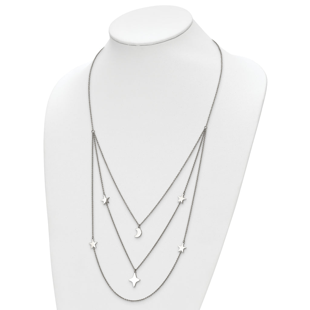 Chisel Stainless Steel Polished Stars and Moon Multi Strand 24.25 inch Cable Chain with 1.75 inch Extension Necklace