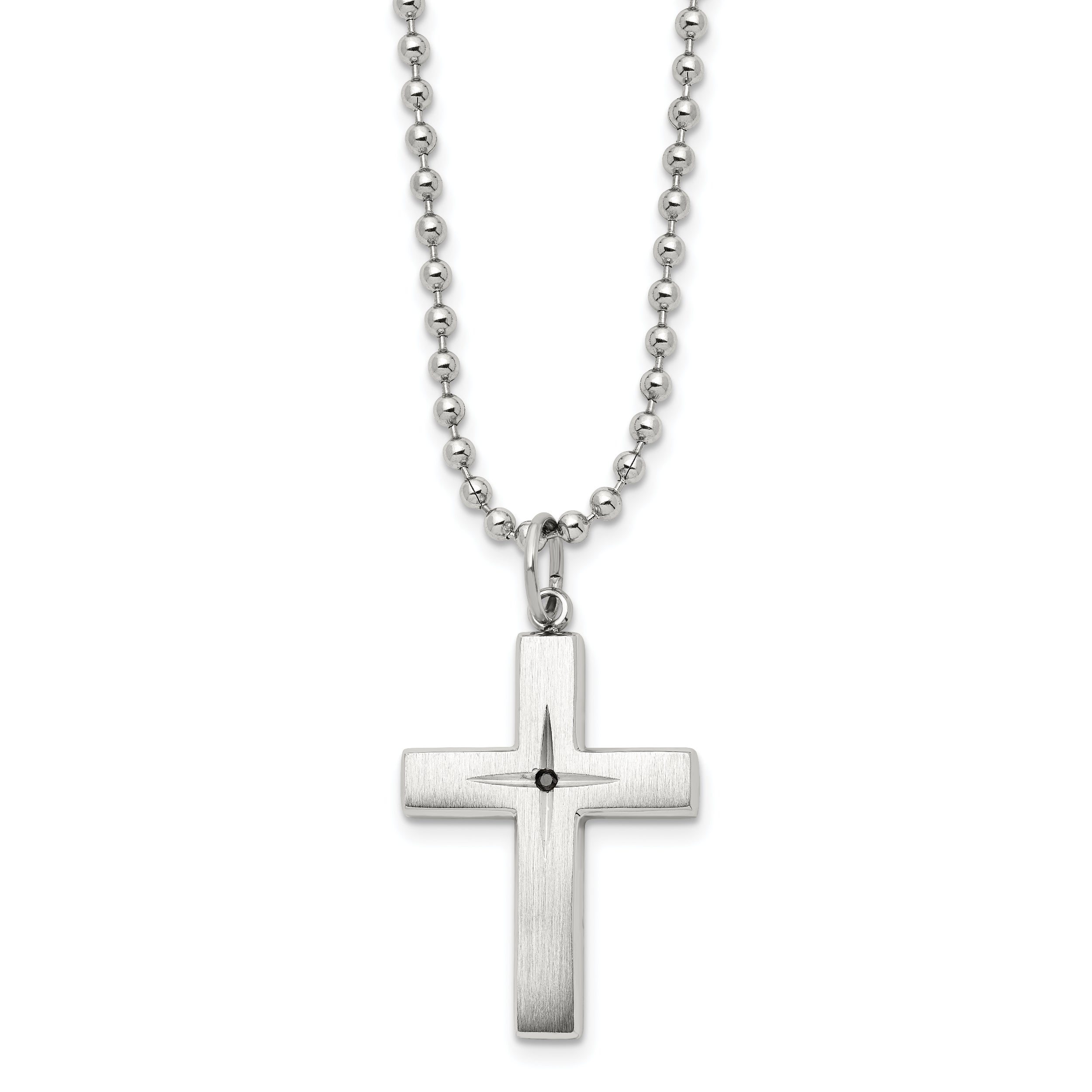 Chisel Stainless Steel Brushed and Polished 0.015 carat Black Diamond Cross Pendant on a 24 inch Ball Chain Necklace