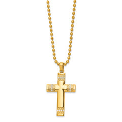 Chisel Stainless Steel Polished and Textured Yellow IP-plated with CZ Cross Pendant on a 24 inch Ball Chain Necklace