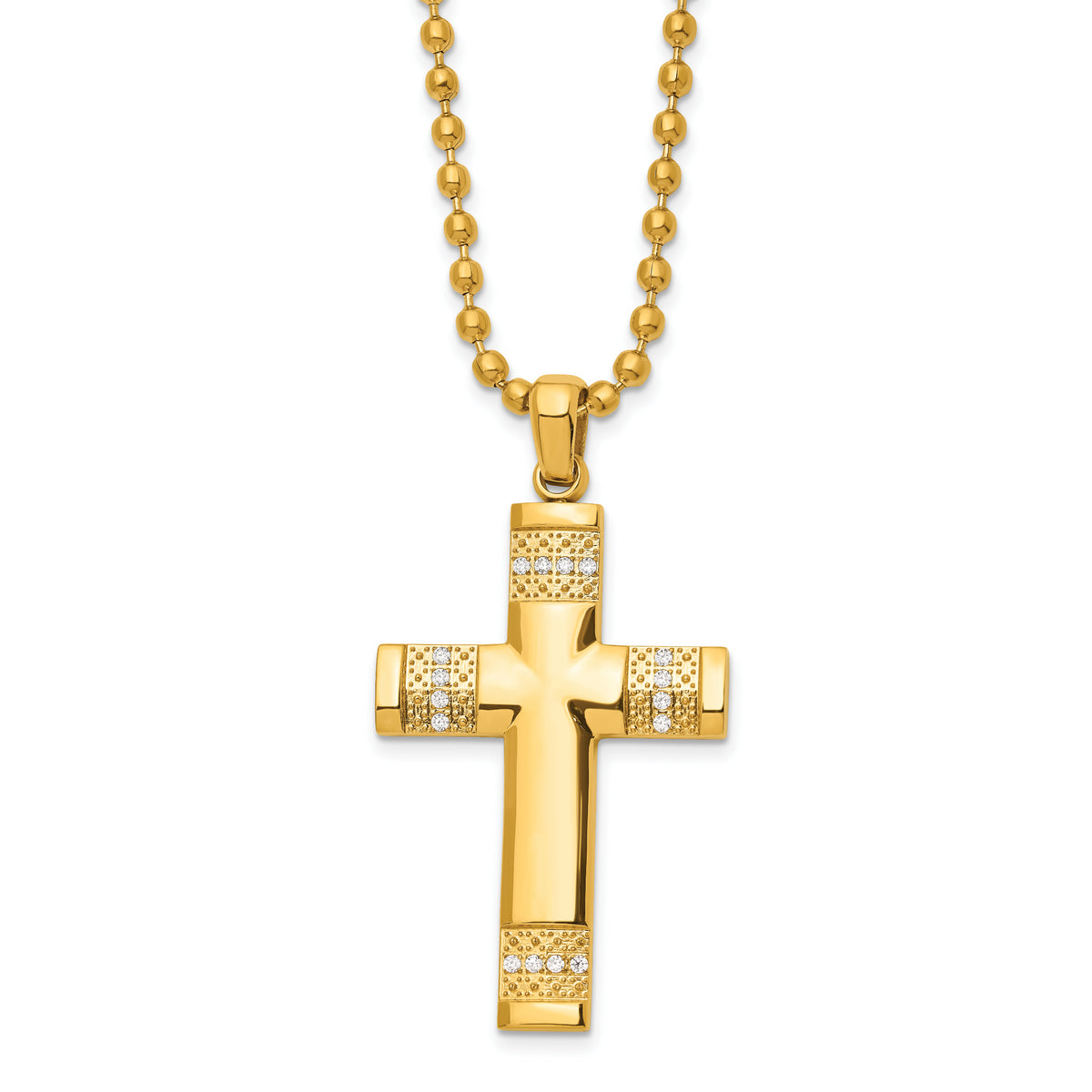 Chisel Stainless Steel Polished and Textured Yellow IP-plated with CZ Cross Pendant on a 24 inch Ball Chain Necklace