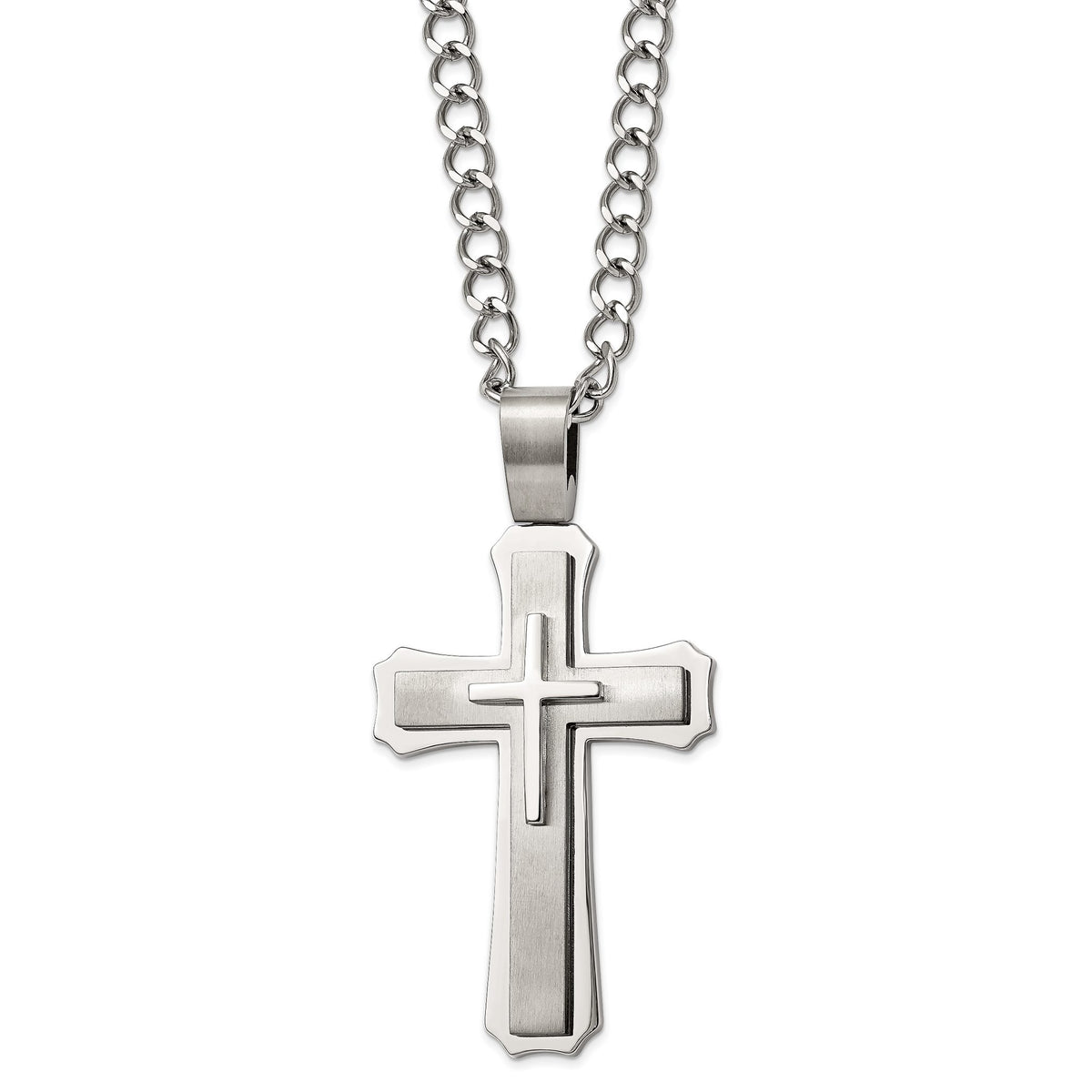 Chisel Large Cross Necklace in Stainless Steel, Brushed & Polished, 24 Inch - Sophia Jewelers Main image