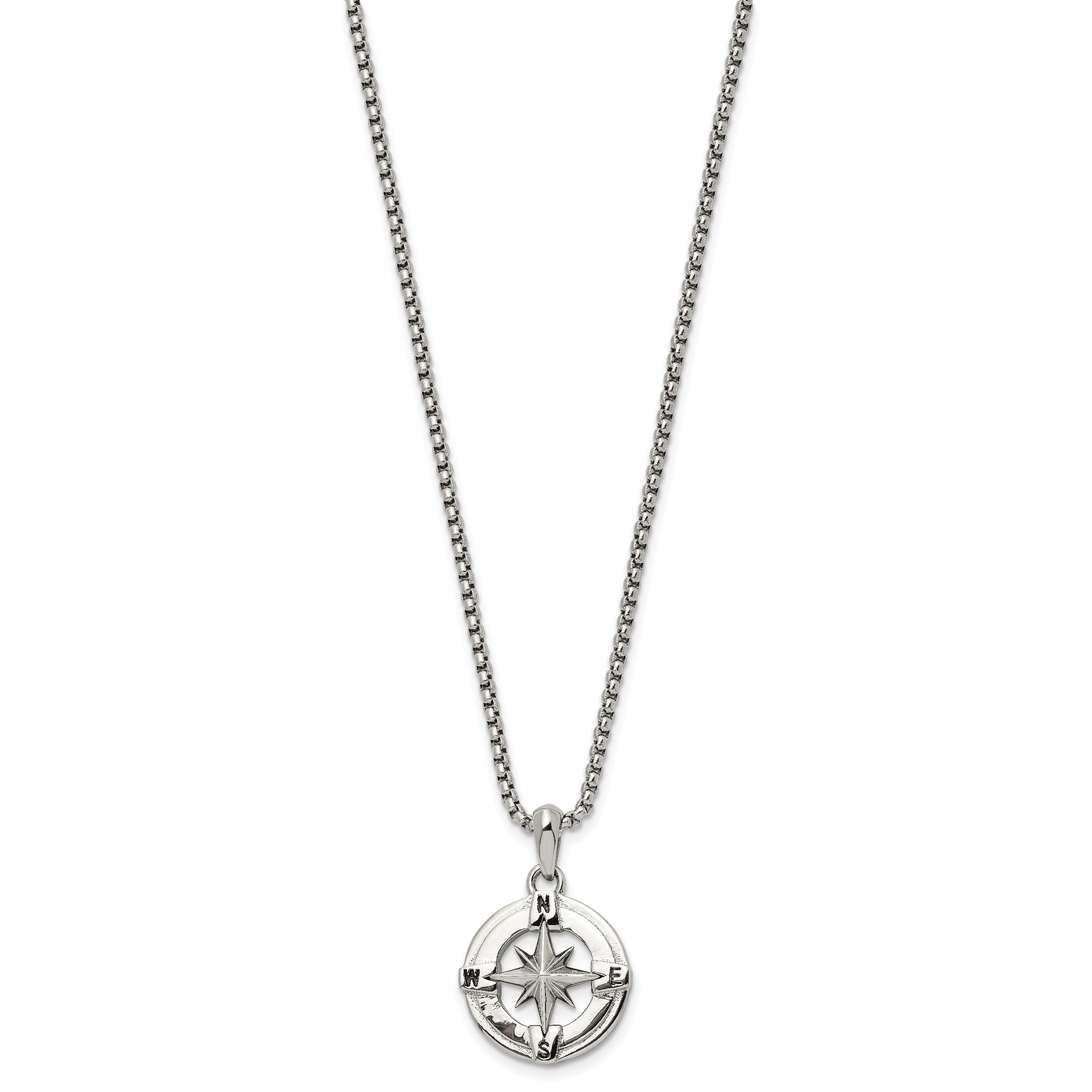 Chisel Stainless Steel Polished Compass Pendant on a 22 inch Box Chain Necklace