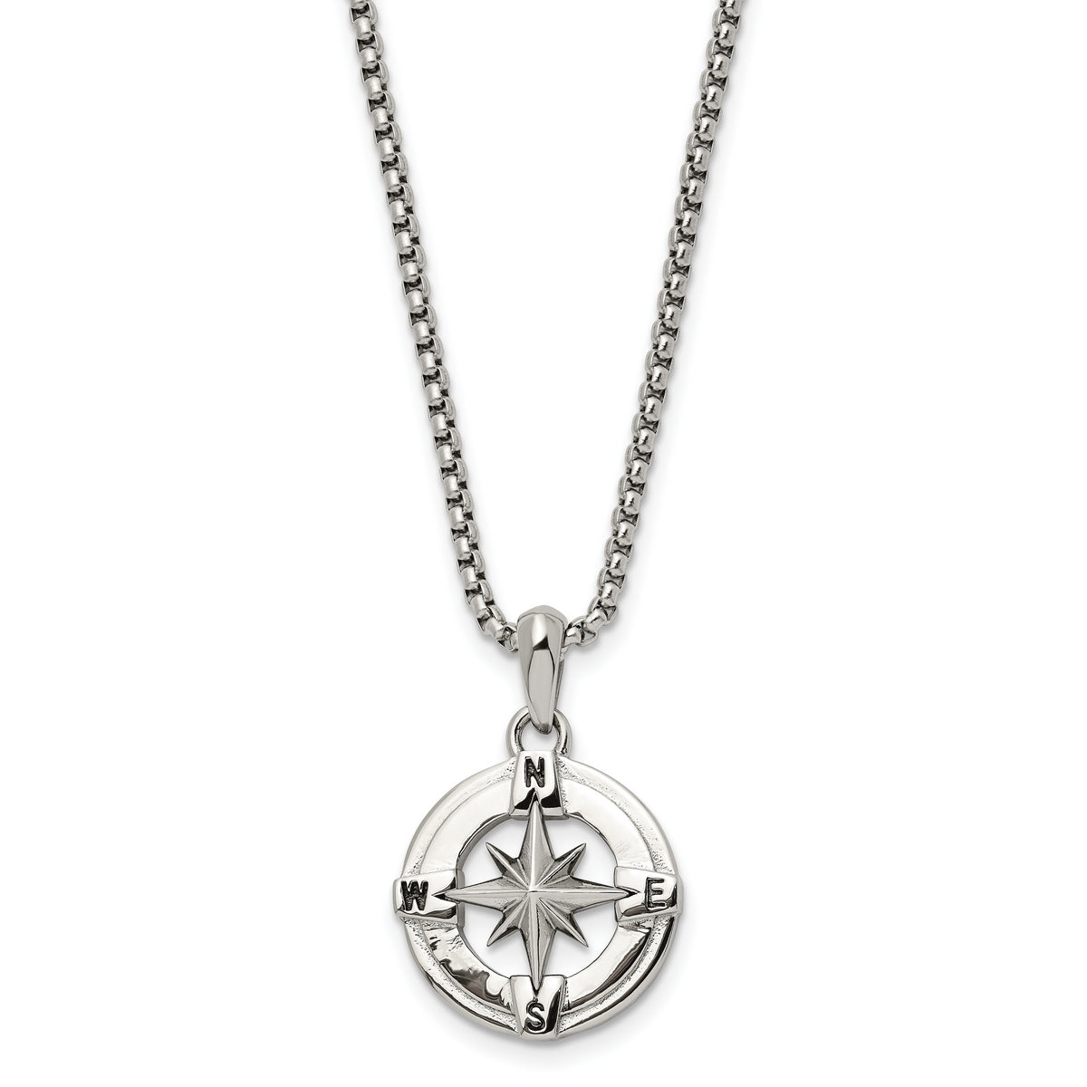 Chisel Stainless Steel Polished Compass Pendant on a 22 inch Box Chain Necklace