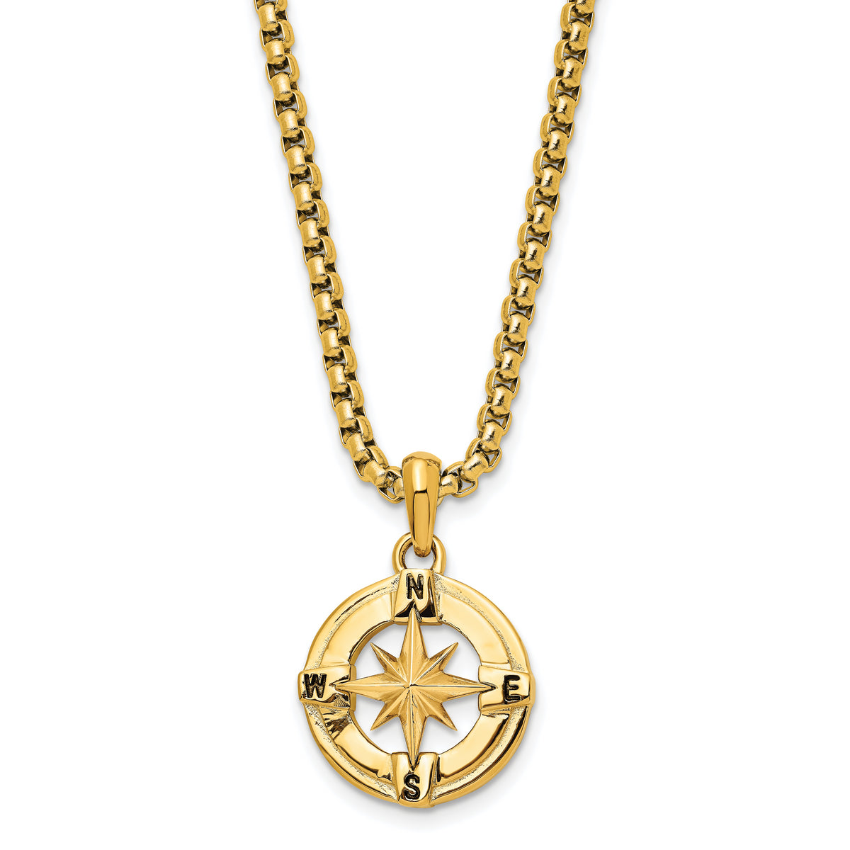 Chisel Stainless Steel Polished Yellow IP-plated Compass Pendant on a 22 inch Box Chain Necklace