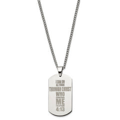 Chisel Stainless Steel Polished Lasered Philippians 4:13 Dog Tag on a 24 inch Curb Chain Necklace
