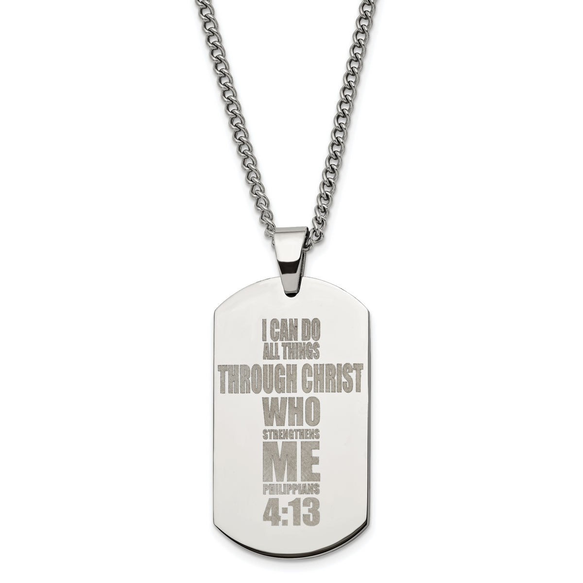 Chisel Stainless Steel Polished Lasered Philippians 4:13 Dog Tag on a 24 inch Curb Chain Necklace