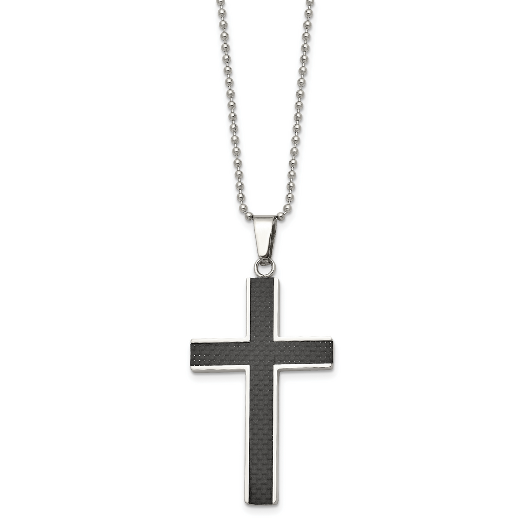 Chisel Stainless Steel Polished with Black Carbon Fiber Inlay Cross Pendant on a 22 inch Ball Chain Necklace