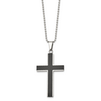 Chisel Stainless Steel Polished with Black Carbon Fiber Inlay Cross Pendant on a 22 inch Ball Chain Necklace