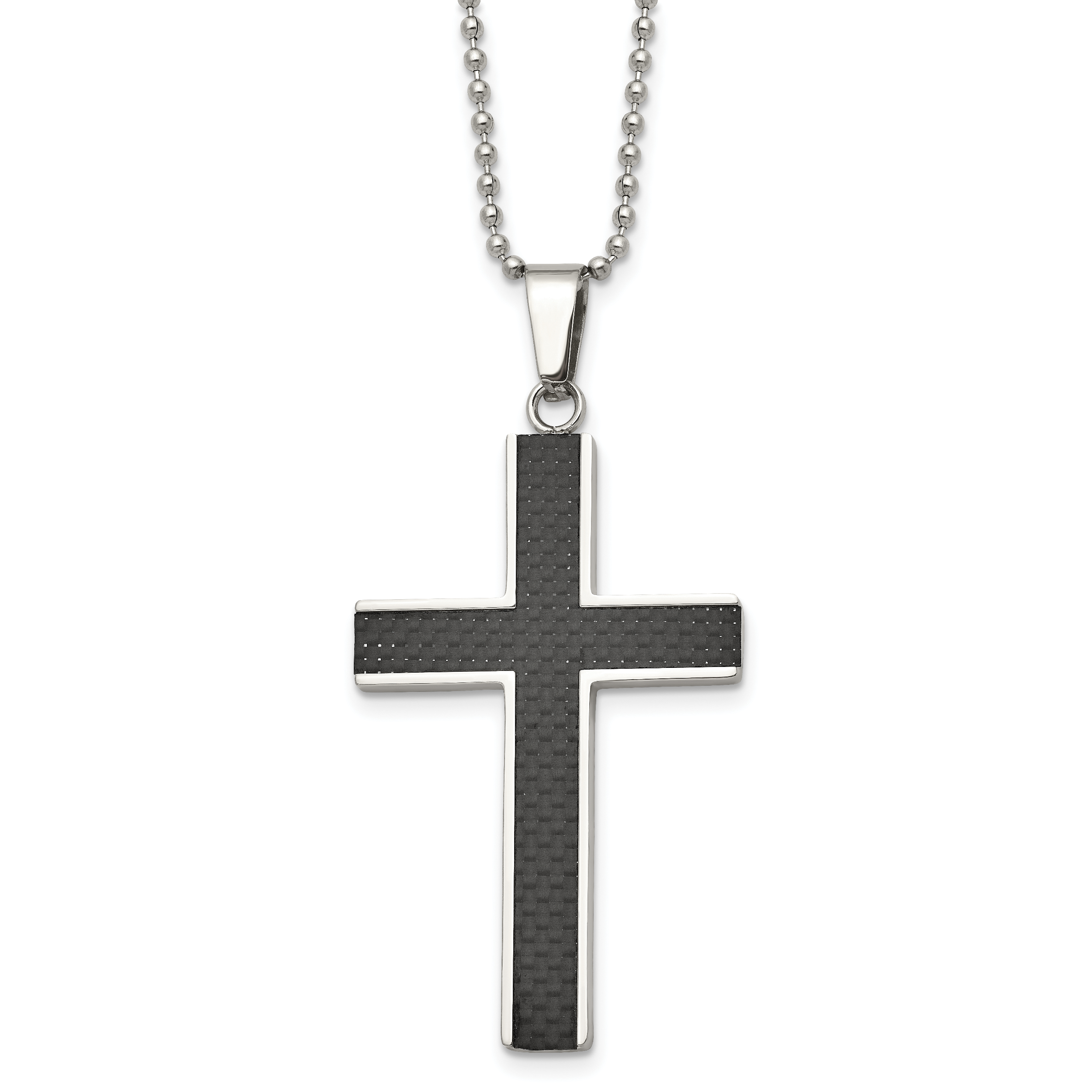 Chisel Stainless Steel Polished with Black Carbon Fiber Inlay Cross Pendant on a 22 inch Ball Chain Necklace Main image
