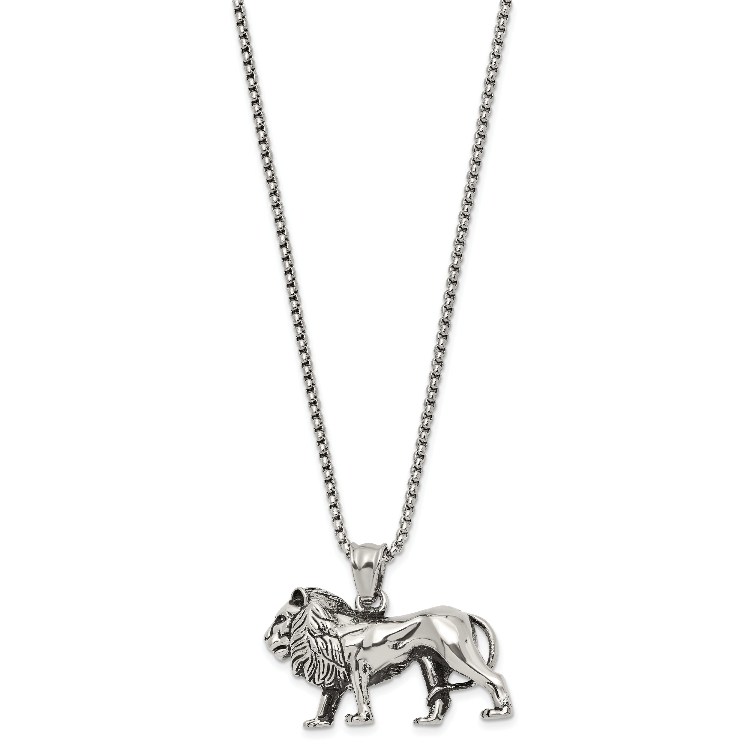 Chisel Stainless Steel Antiqued and Polished Lion Pendant on a 25.5 inch Box Chain Necklace