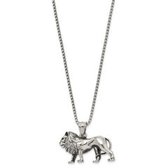 Chisel Stainless Steel Antiqued and Polished Lion Pendant on a 25.5 inch Box Chain Necklace