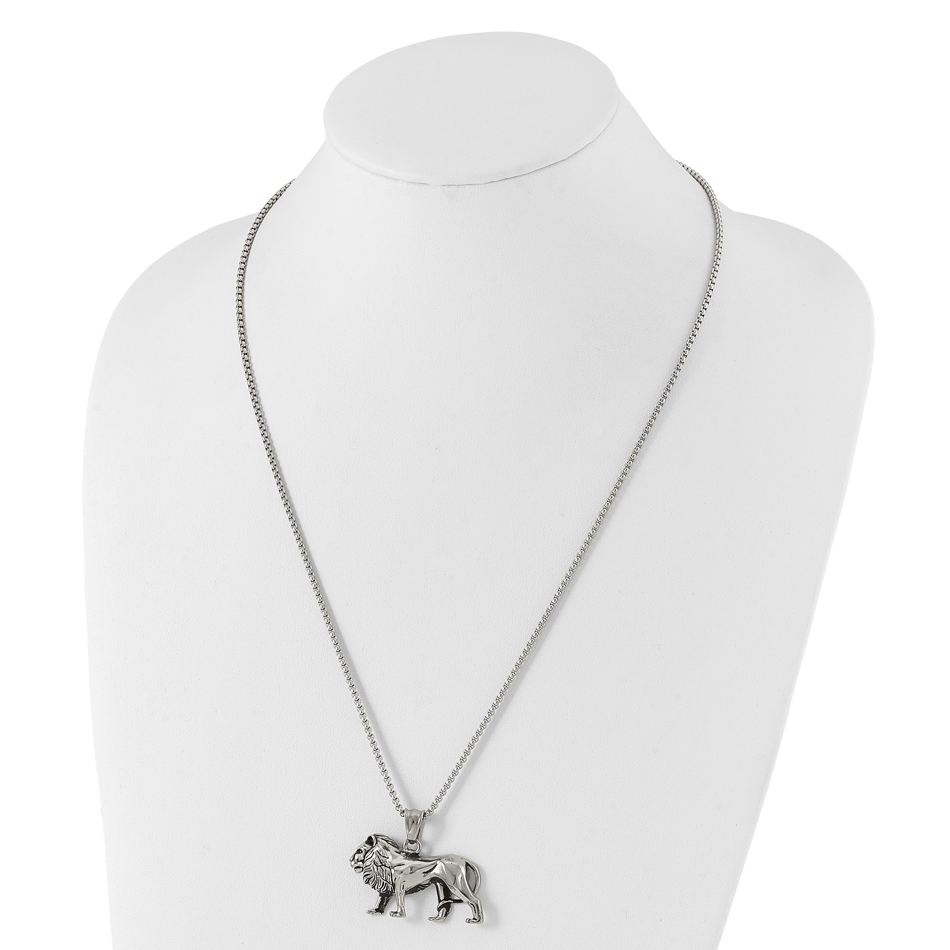 Chisel Stainless Steel Antiqued and Polished Lion Pendant on a 25.5 inch Box Chain Necklace