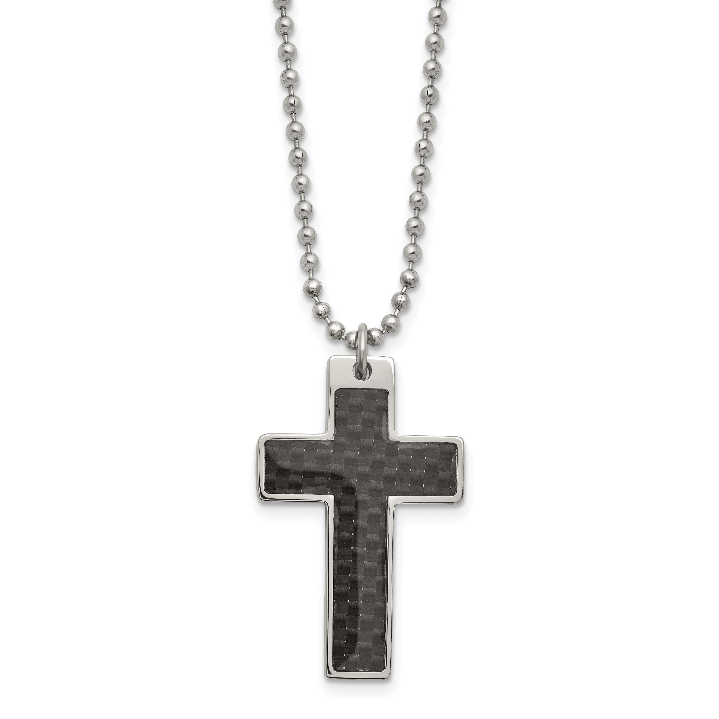 Chisel Stainless Steel Polished with Black Carbon Fiber Inlay Cross Pendant on a 20 inch Ball Chain Necklace Main image