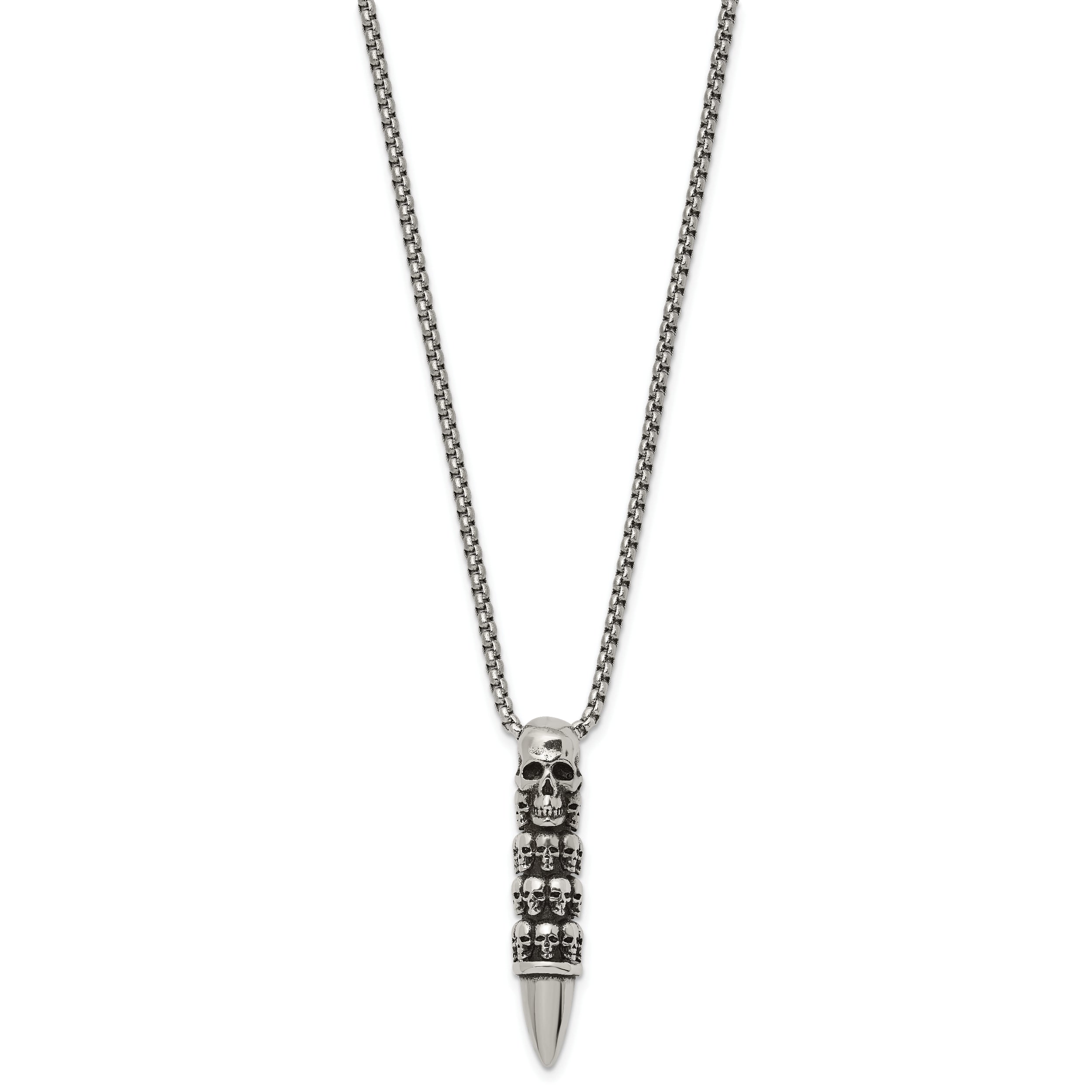 Chisel Stainless Steel Antiqued and Polished Bullet with Skulls Pendant on a 25.5 inch Box Chain Necklace