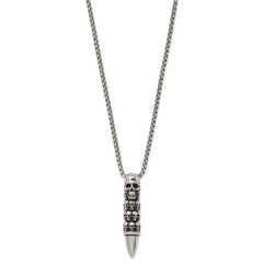 Chisel Stainless Steel Antiqued and Polished Bullet with Skulls Pendant on a 25.5 inch Box Chain Necklace