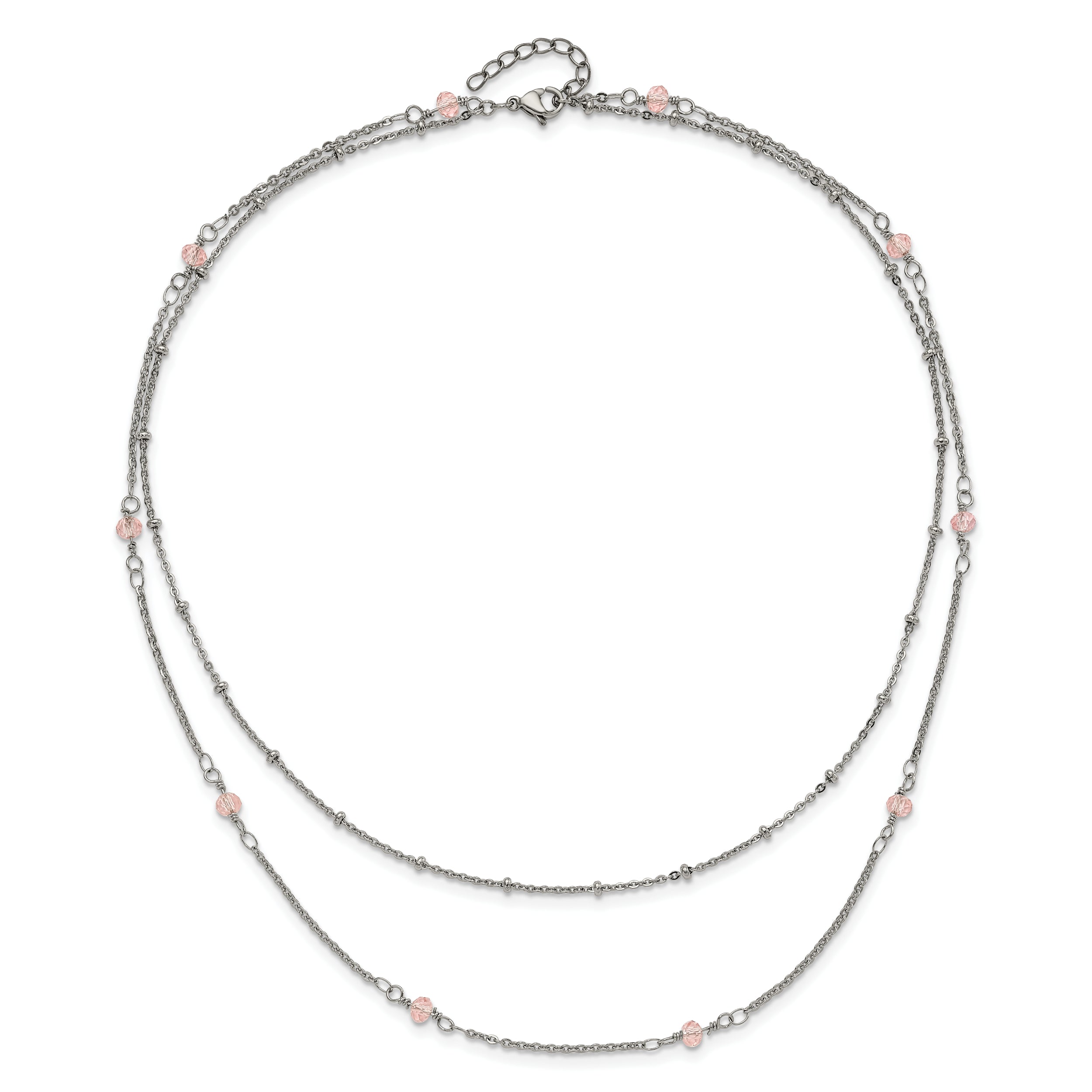 Chisel Stainless Steel Polished 2-Strand Pink Crystal Beaded 16 inch with 1 inch Extension Necklace