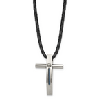 Chisel Stainless Steel Brushed and Polished Blue IP-plated Cable Cross Pendant on an 18 inch Leather Cord Necklace