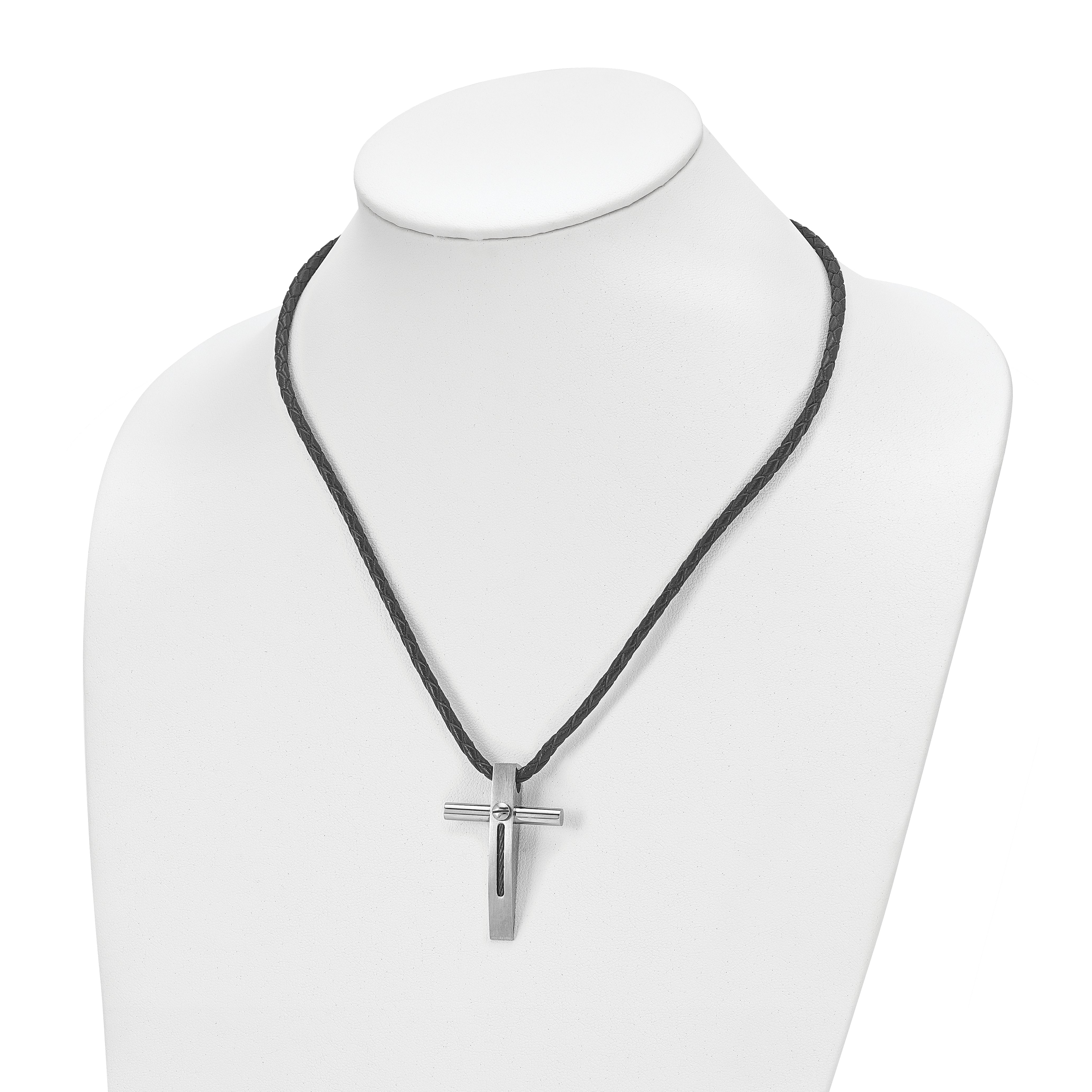 Chisel Stainless Steel Brushed and Polished Blue IP-plated Cable Cross Pendant on an 18 inch Leather Cord Necklace