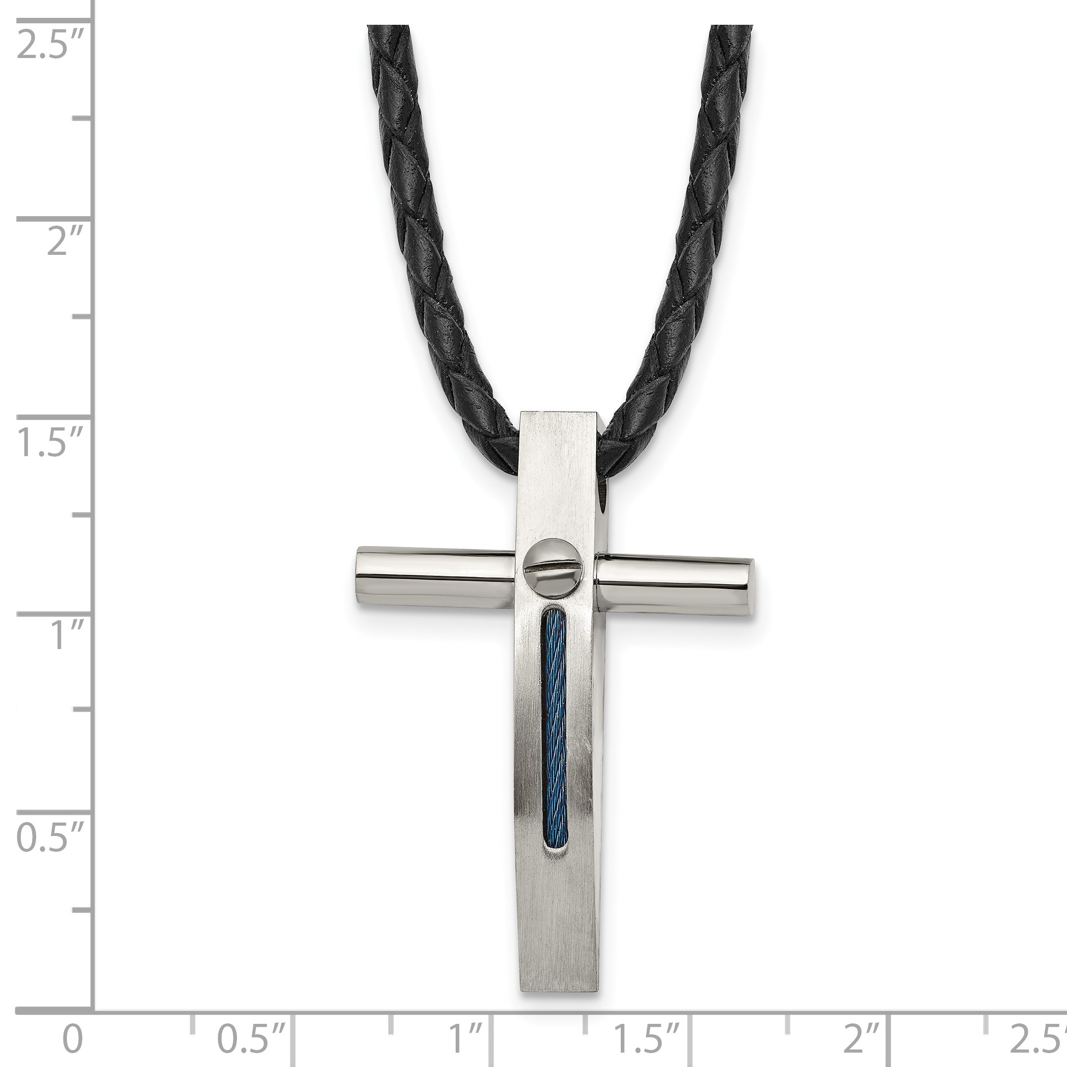 Chisel Stainless Steel Brushed and Polished Blue IP-plated Cable Cross Pendant on an 18 inch Leather Cord Necklace