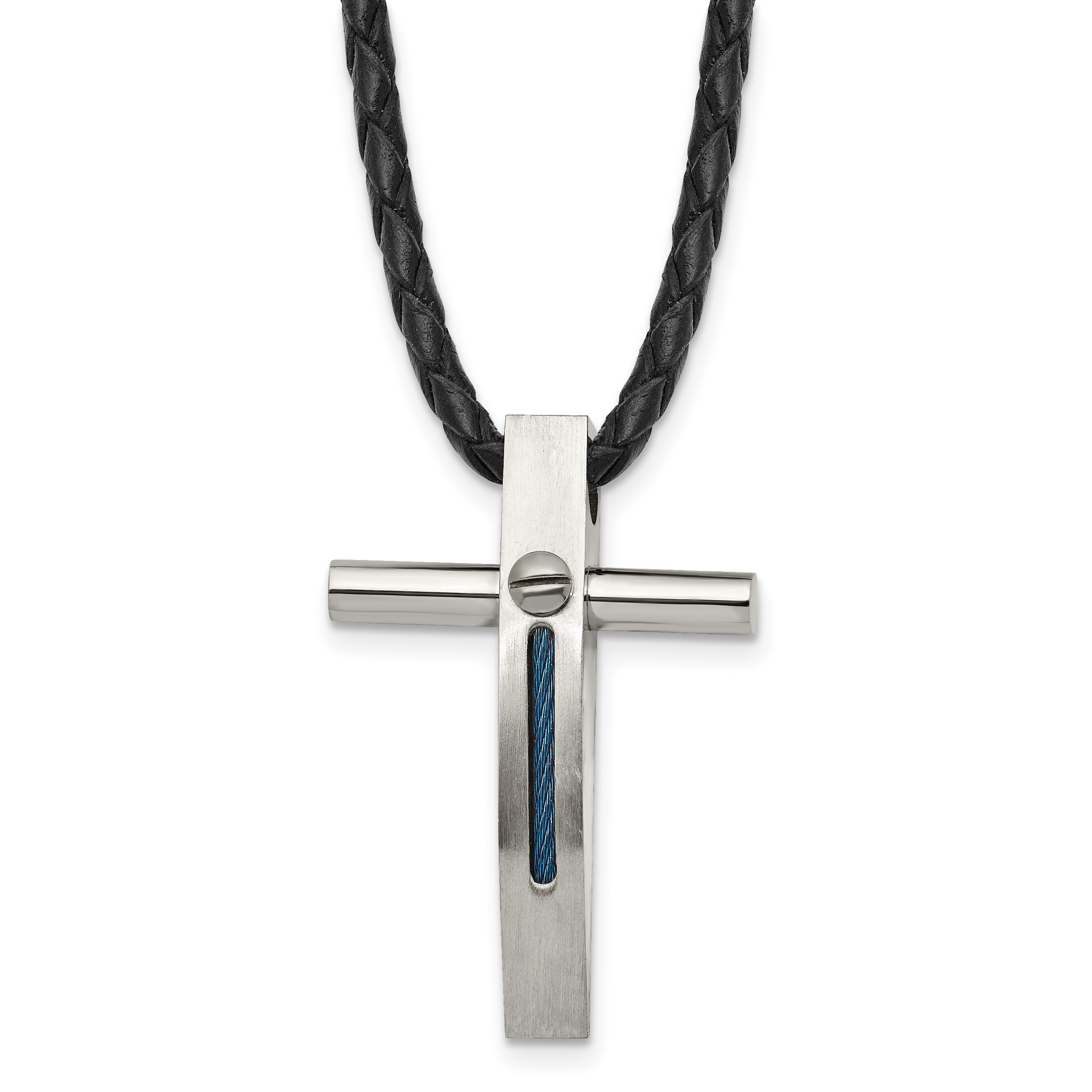 Chisel Stainless Steel Brushed and Polished Blue IP-plated Cable Cross Pendant on an 18 inch Leather Cord Necklace Main image
