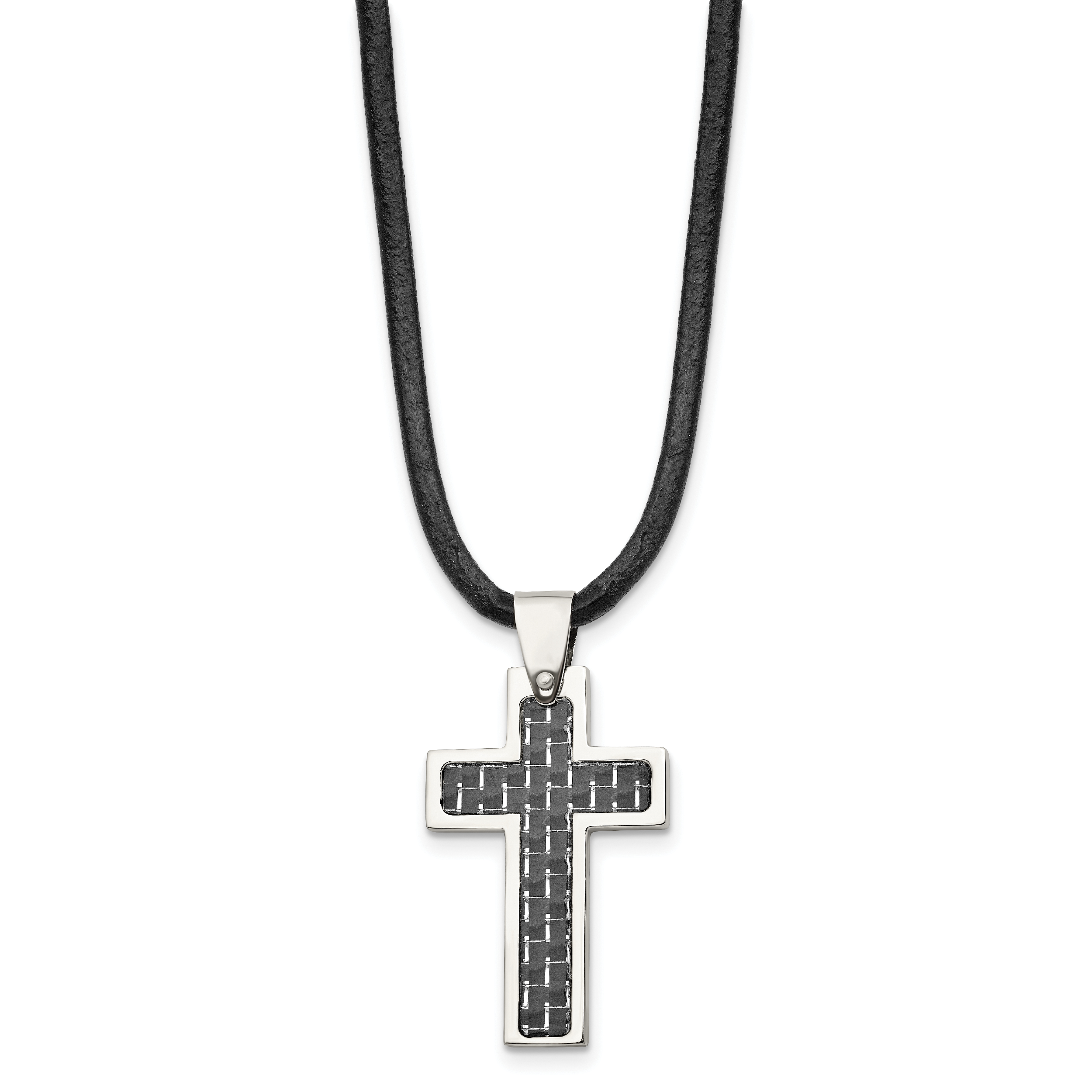 Chisel Stainless Steel Polished with Black Carbon Fiber Inlay Cross Pendant on an 18 inch Leather Cord Necklace Secondary image