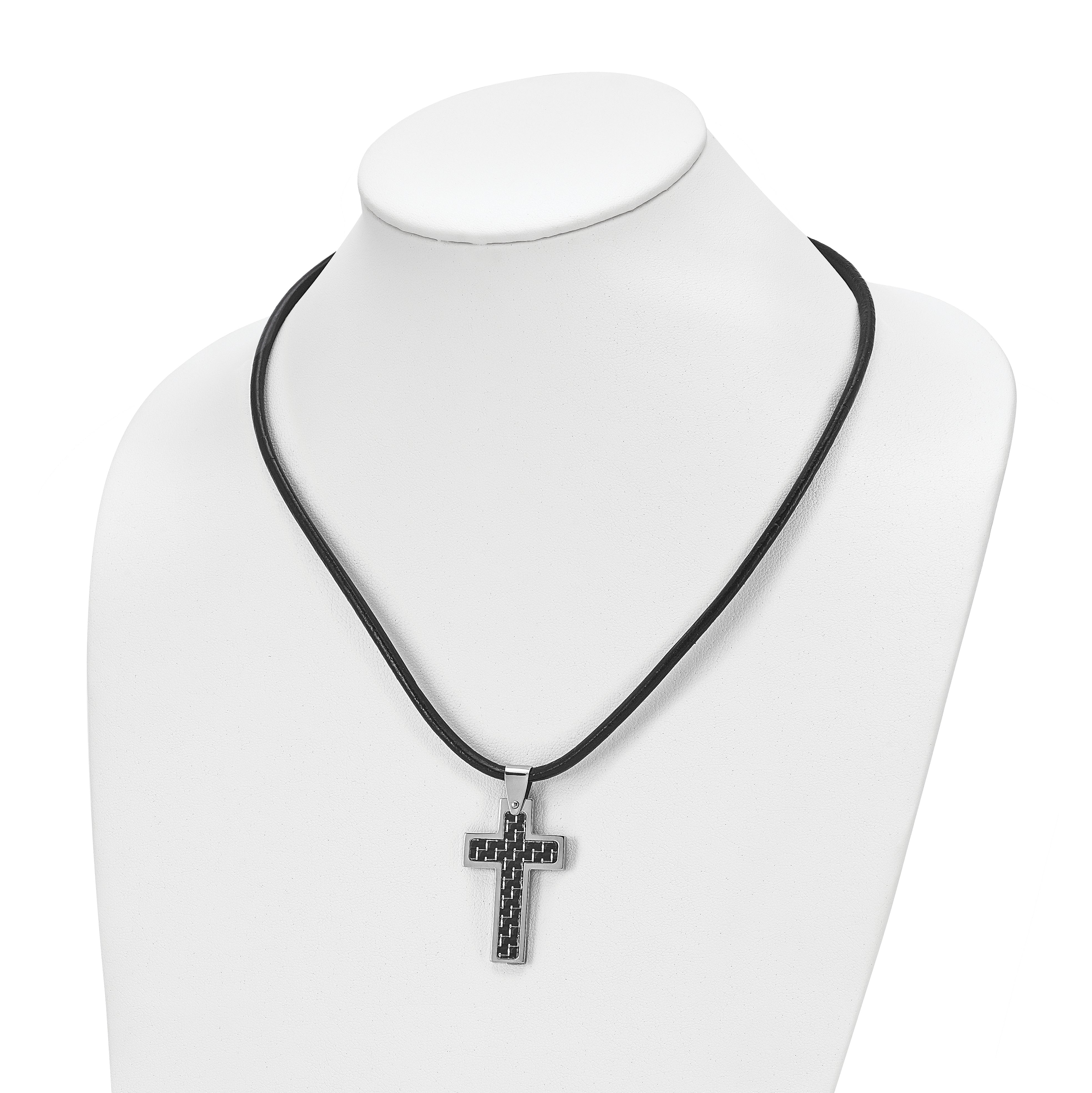 Chisel Stainless Steel Polished with Black Carbon Fiber Inlay Cross Pendant on an 18 inch Leather Cord Necklace