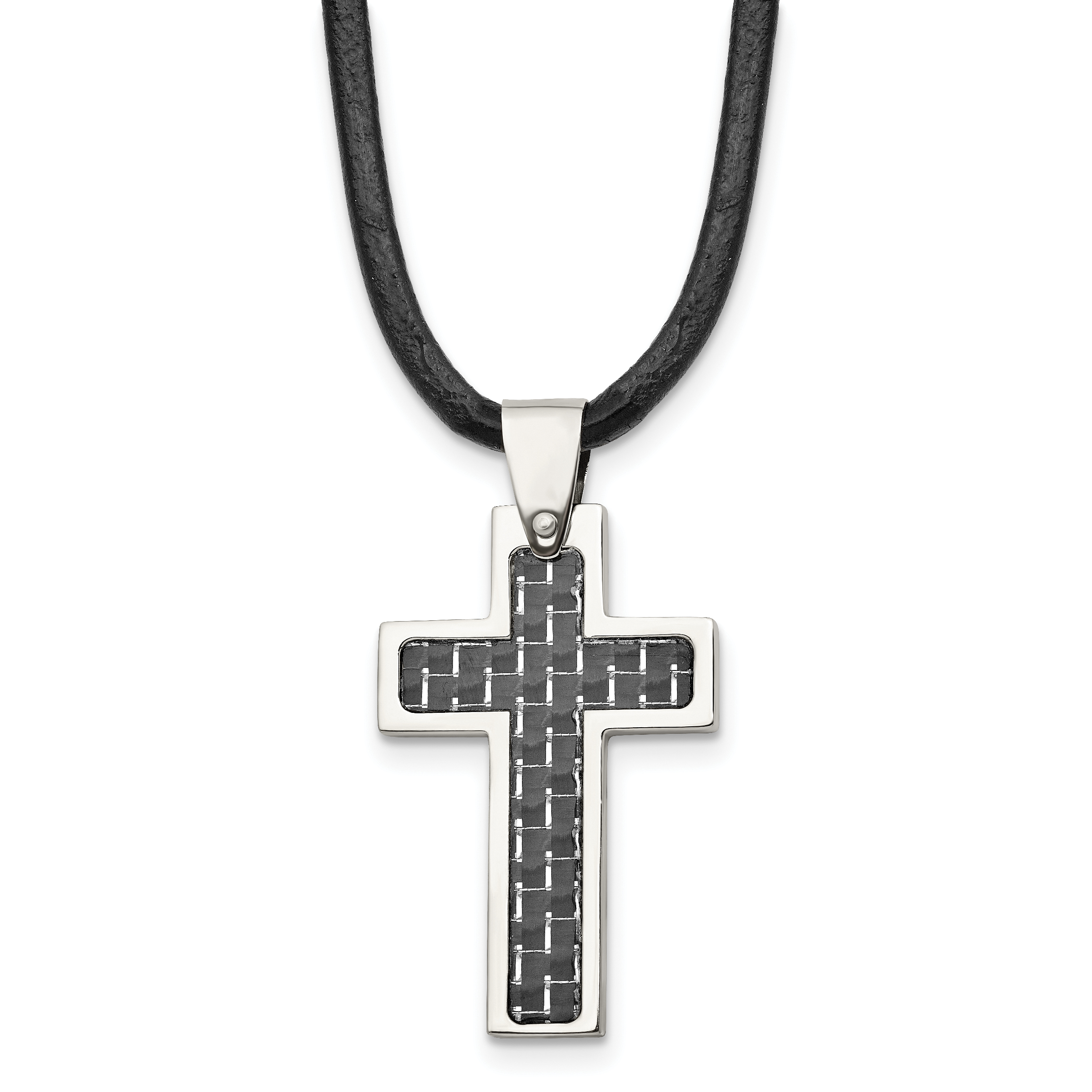 Chisel Stainless Steel Polished with Black Carbon Fiber Inlay Cross Pendant on an 18 inch Leather Cord Necklace Main image