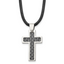 Chisel Stainless Steel Polished with Black Carbon Fiber Inlay Cross Pendant on an 18 inch Leather Cord Necklace