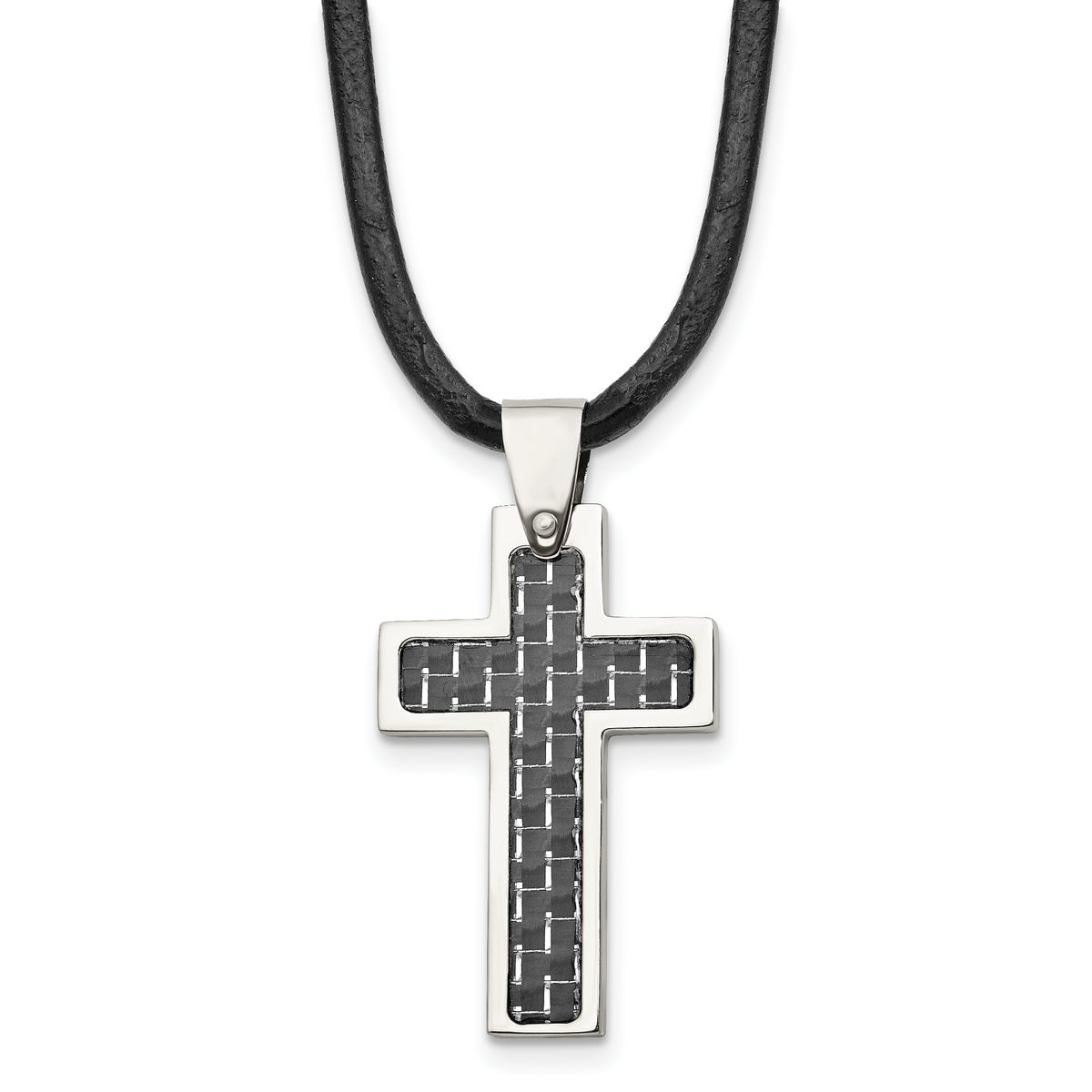 Chisel Stainless Steel Polished with Black Carbon Fiber Inlay Cross Pendant on an 18 inch Leather Cord Necklace