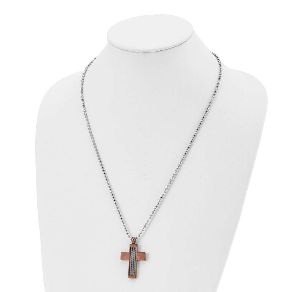 Chisel Stainless Steel Brushed Brown IP-plated with Cable Inlay Cross Pendant on a 24 inch Ball Chain Necklace