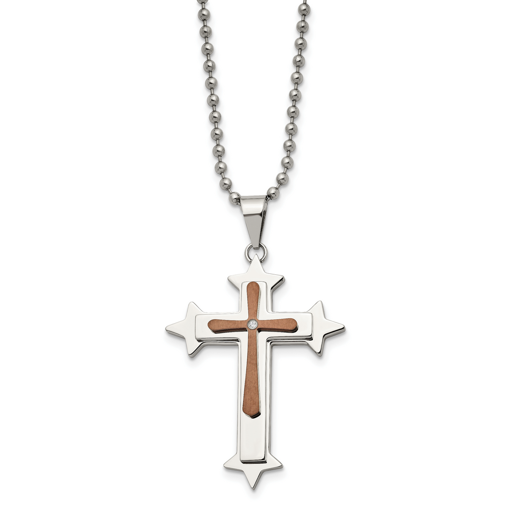 Chisel Stainless Steel Polished Brown IP-plated Diamond Accent Cross Pendant on a 24 inch Ball Chain Necklace