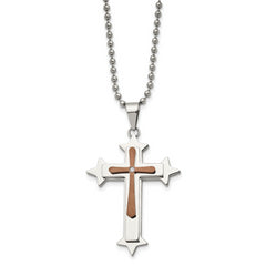 Chisel Stainless Steel Polished Brown IP-plated Diamond Accent Cross Pendant on a 24 inch Ball Chain Necklace