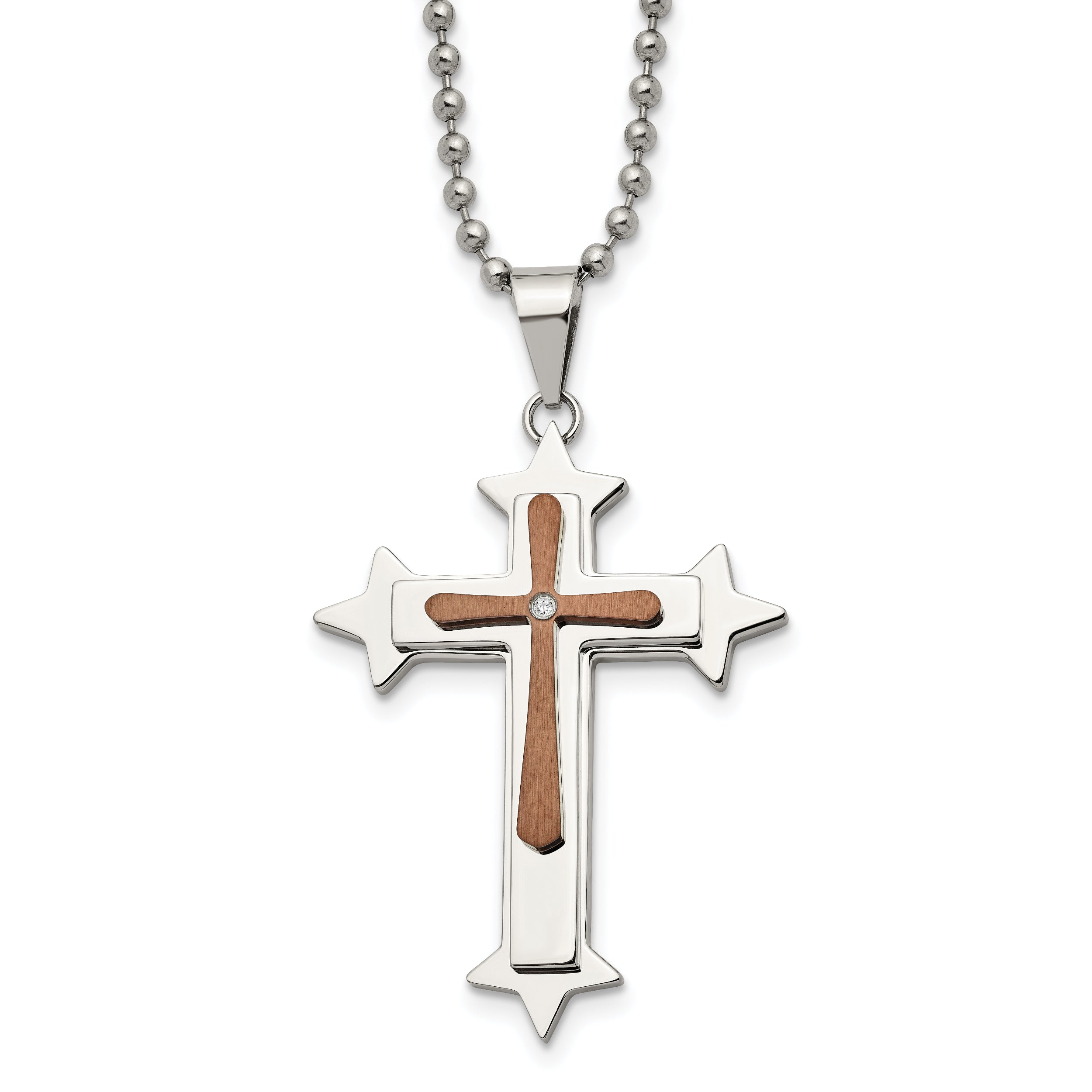 Chisel Stainless Steel Polished Brown IP-plated Diamond Accent Cross Pendant on a 24 inch Ball Chain Necklace