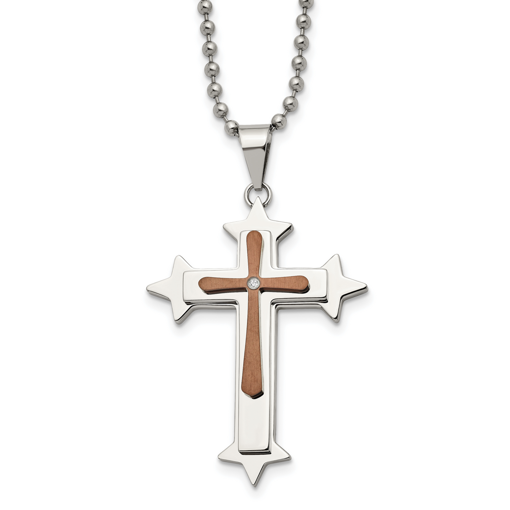 Chisel Stainless Steel Polished Brown IP-plated Diamond Accent Cross Pendant on a 24 inch Ball Chain Necklace
