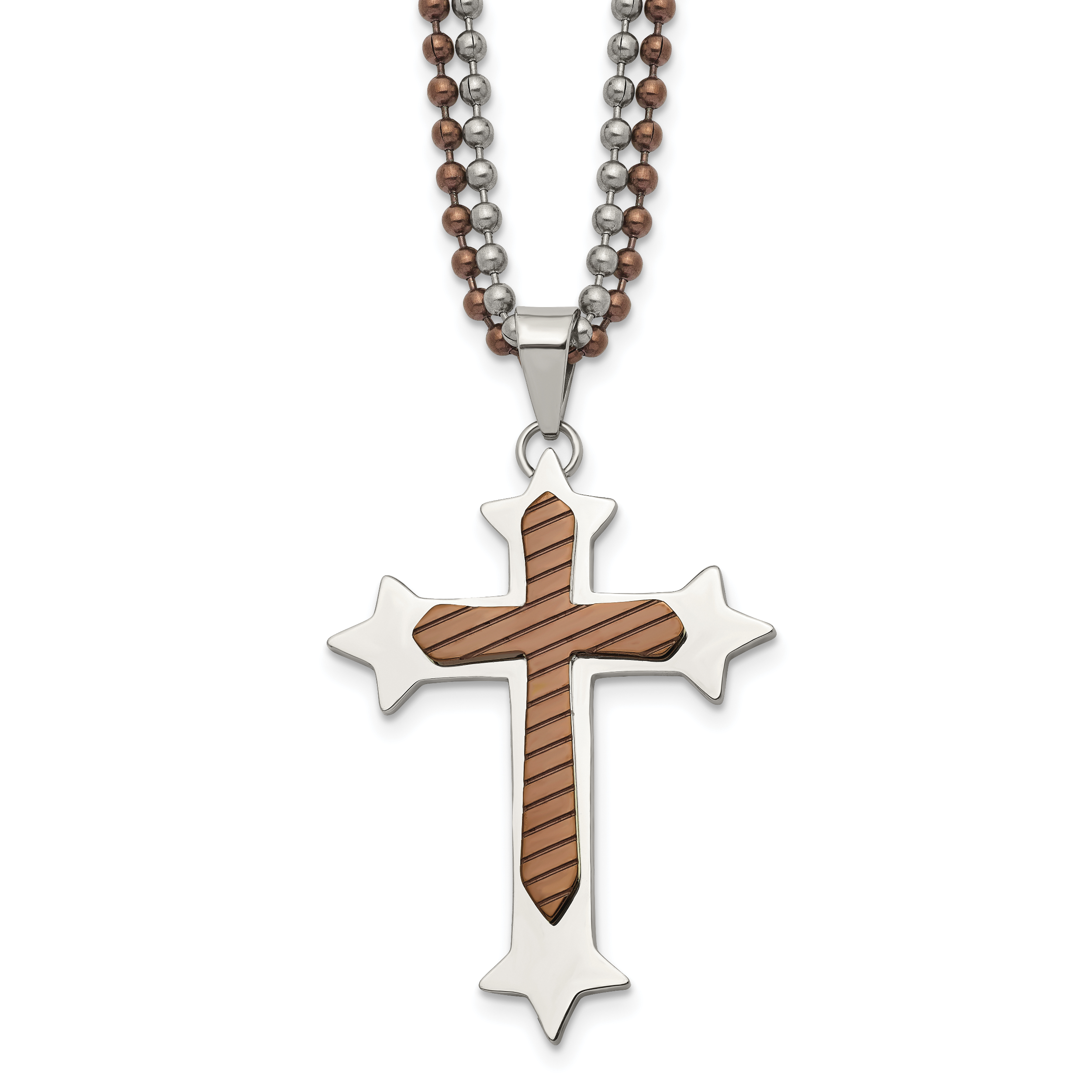 Chisel Stainless Steel Polished Brown IP-plated Cross Pendant on 24 inch Double Ball Chain Necklace Main image