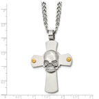 Chisel Stainless Steel Brushed and Polished Yellow IP-plated Cross with Skull Pendant on a 24 inch Curb Chain Necklace
