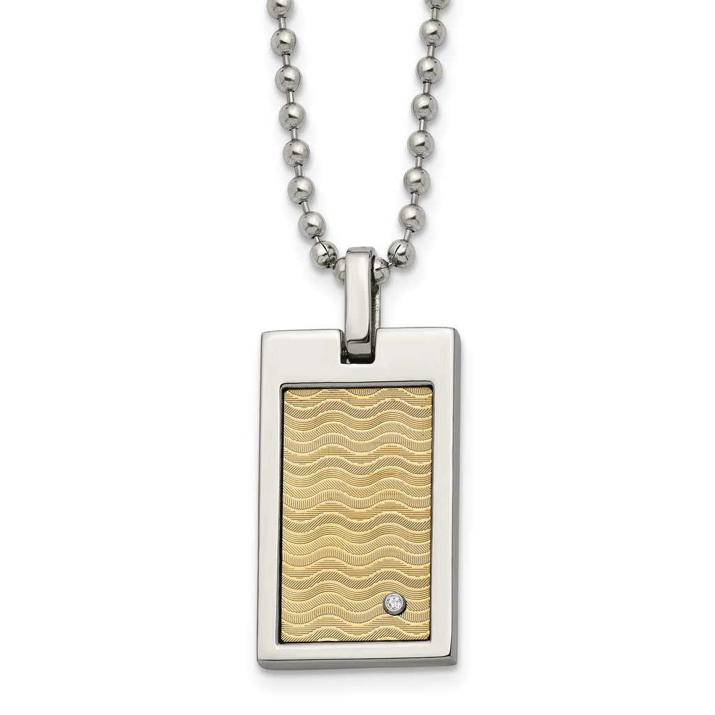 Chisel Stainless Steel Brushed and Polished with 18k Gold Accent .01carat Diamond Pendant on a 24 inch Ball Chain Necklace