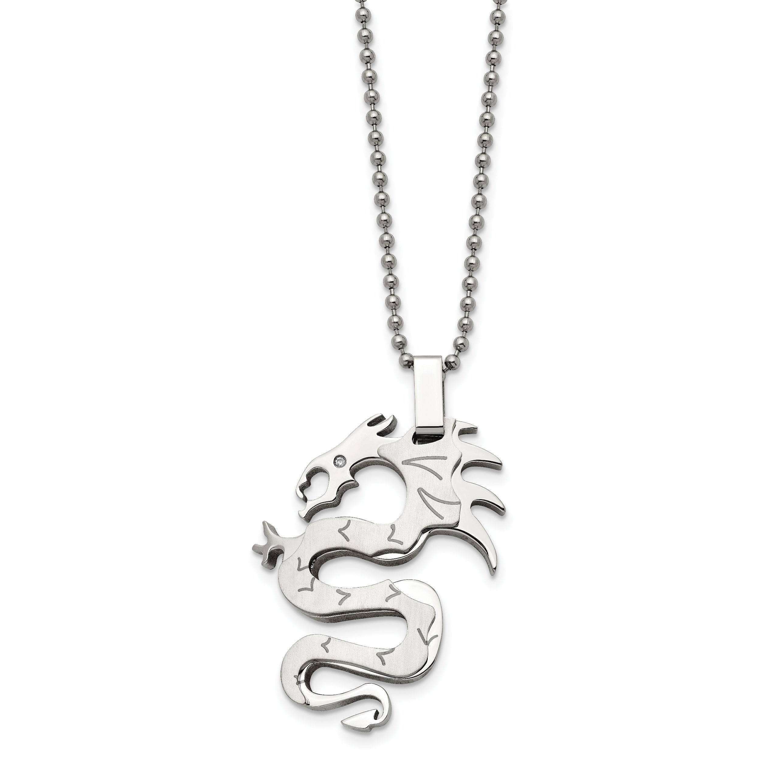 Chisel Stainless Steel Brushed and Polished with CZ Dragon Pendant on a 22 inch Ball Chain Necklace